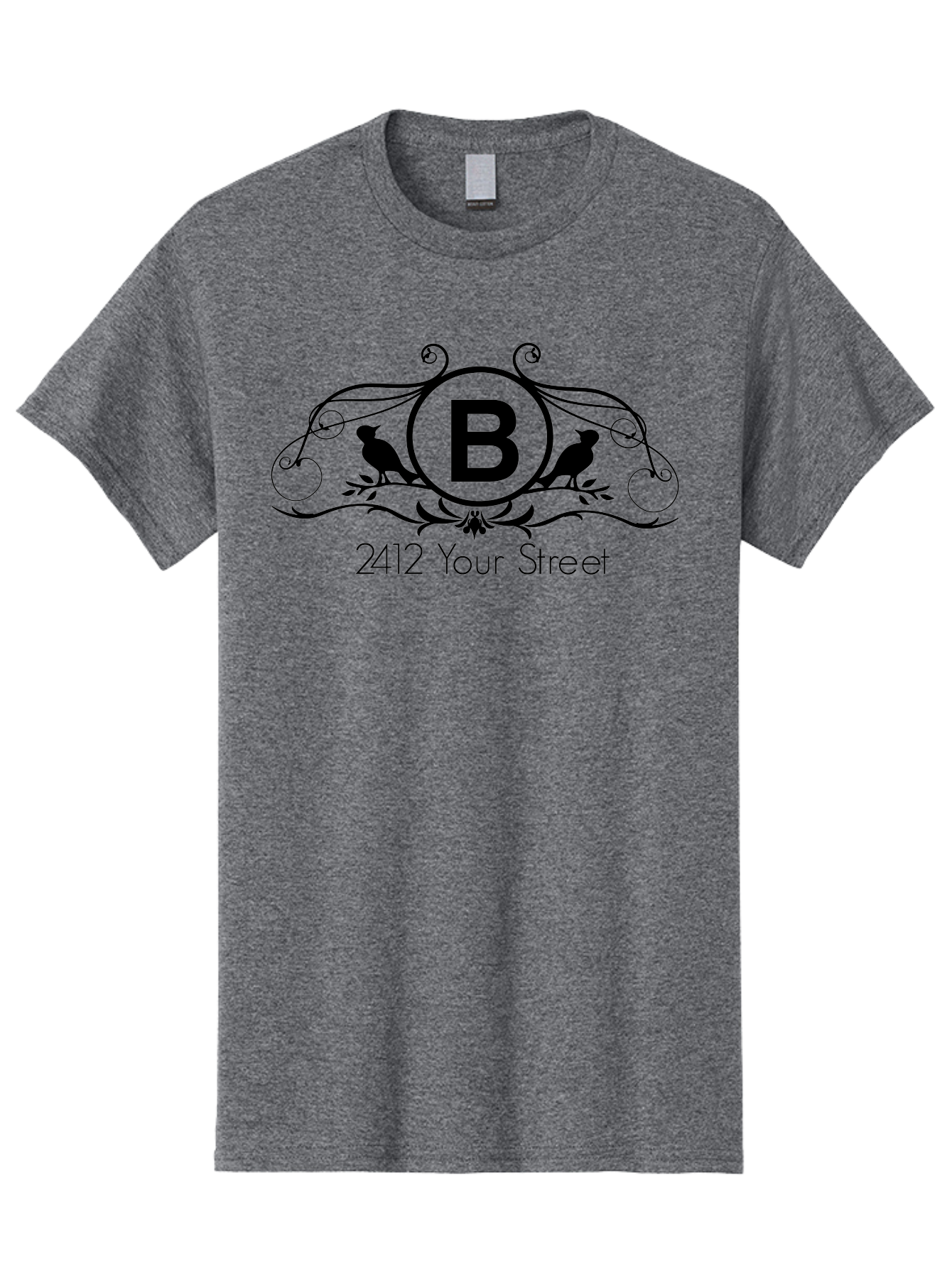 B-2412-Your-Street Men'S Graphic Tee, 100% Cotton, Comfortable Casual Summer Wear, Machine Washable, Vintage Logo, Stylized Letter B, Birds On Branches, Ornate Design, Classic Typography, Address Label, Elegant Branding, Custom Illustration Aac481