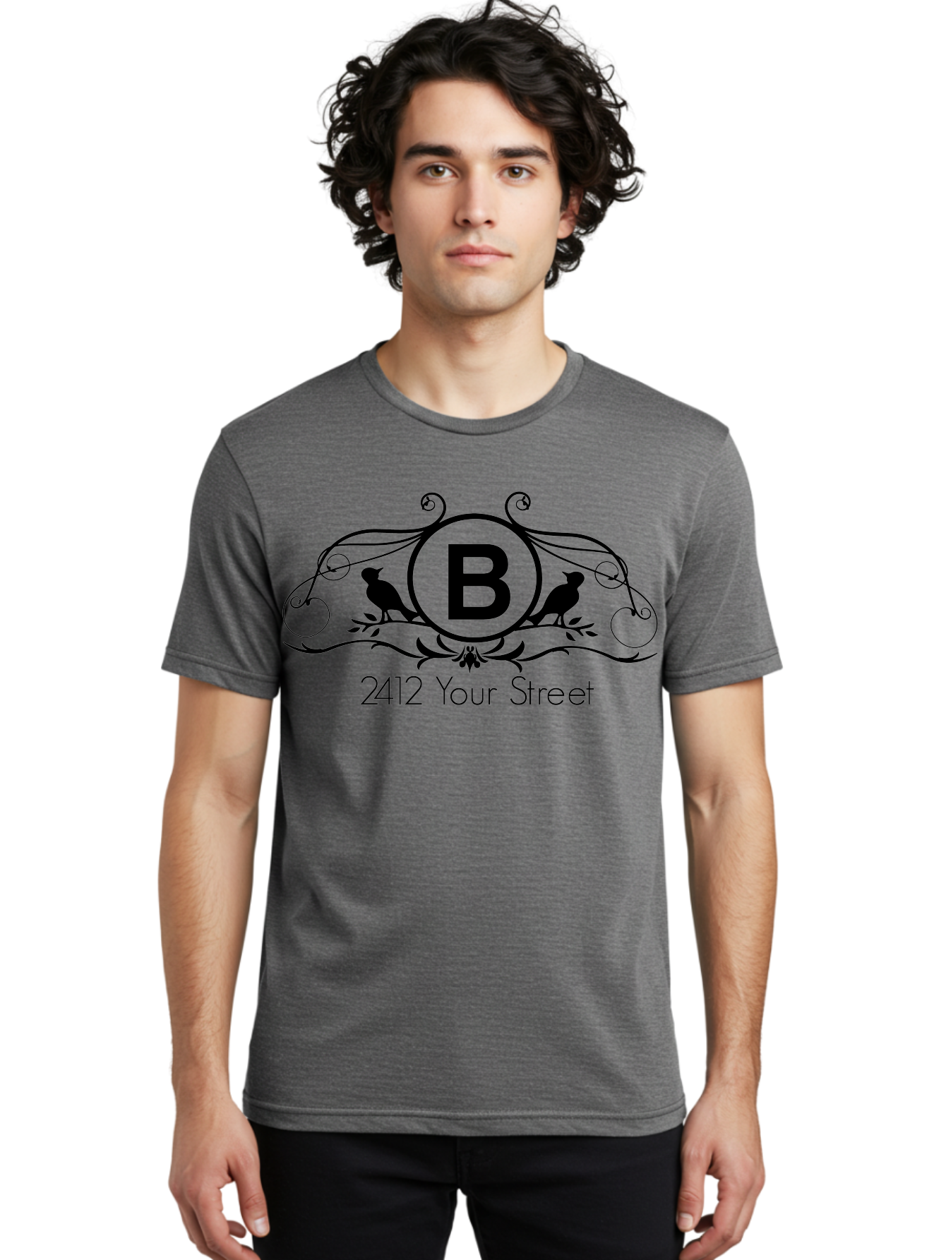 B-2412-Your-Street Men'S Graphic Tee, 100% Cotton, Comfortable Casual Summer Wear, Machine Washable, Vintage Logo, Stylized Letter B, Birds On Branches, Ornate Design, Classic Typography, Address Label, Elegant Branding, Custom Illustration Aac481