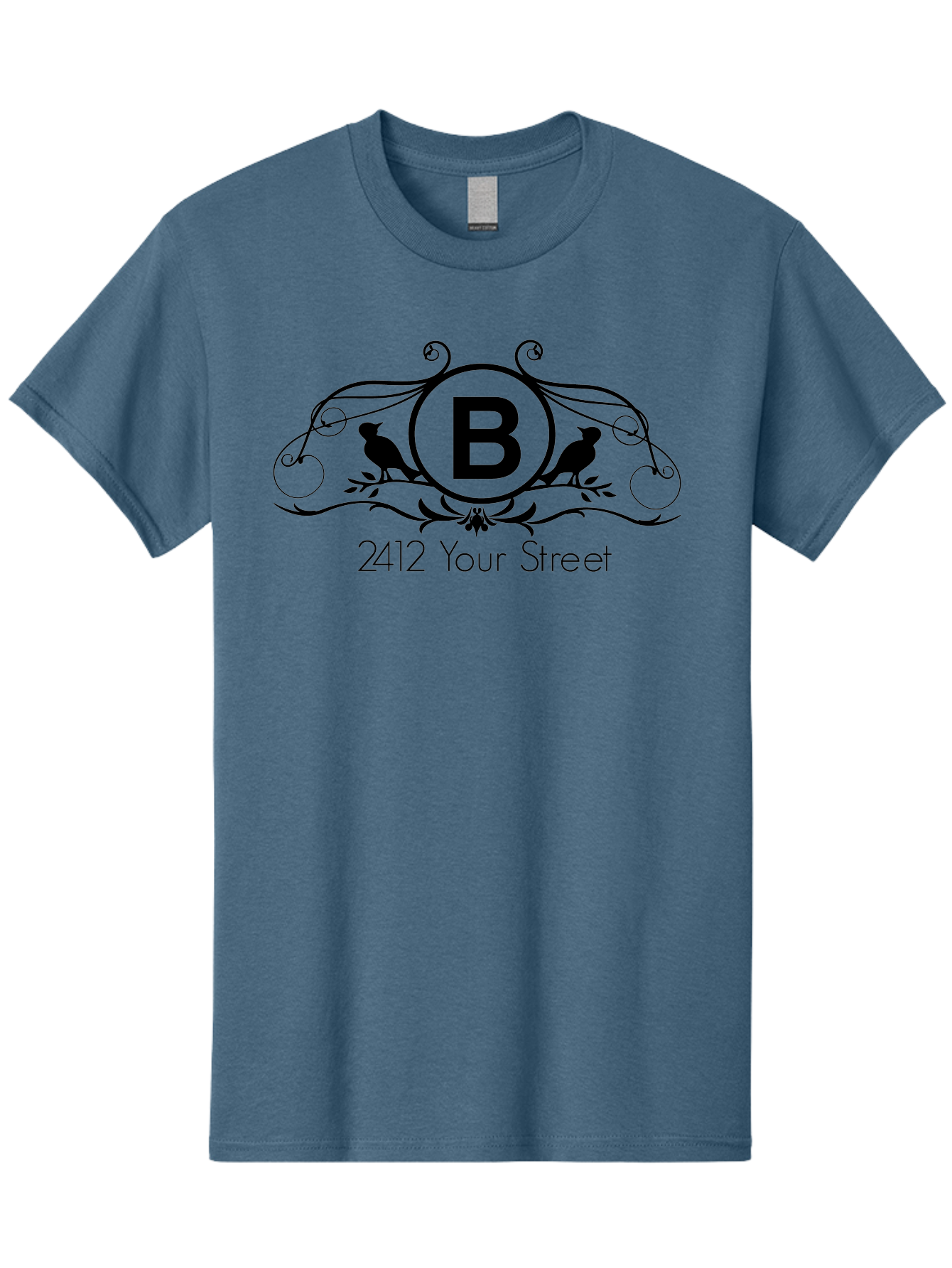 B-2412-Your-Street Men'S Graphic Tee, 100% Cotton, Comfortable Casual Summer Wear, Machine Washable, Vintage Logo, Stylized Letter B, Birds On Branches, Ornate Design, Classic Typography, Address Label, Elegant Branding, Custom Illustration Aac481