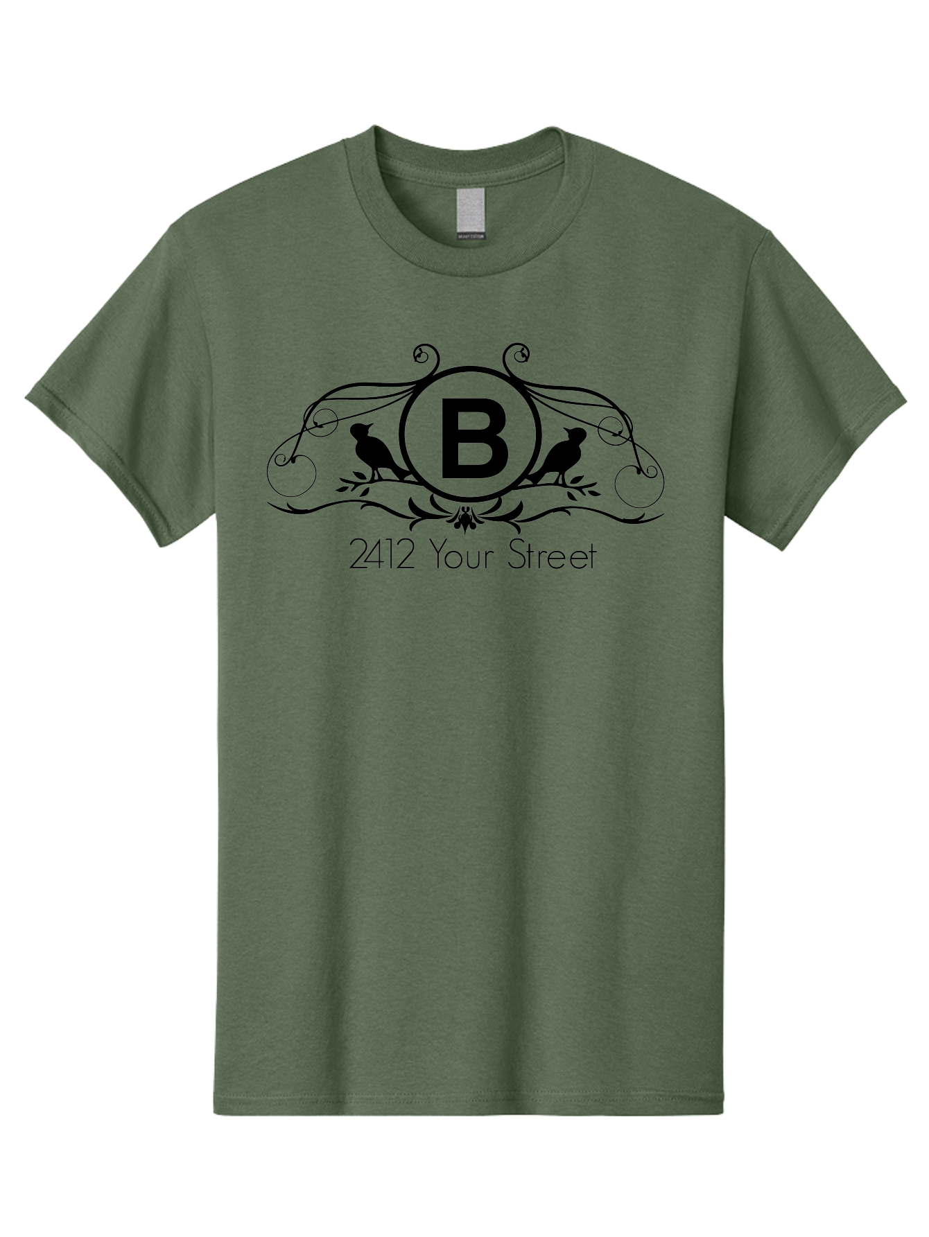 B-2412-Your-Street Men'S Graphic Tee, 100% Cotton, Comfortable Casual Summer Wear, Machine Washable, Vintage Logo, Stylized Letter B, Birds On Branches, Ornate Design, Classic Typography, Address Label, Elegant Branding, Custom Illustration Aac481