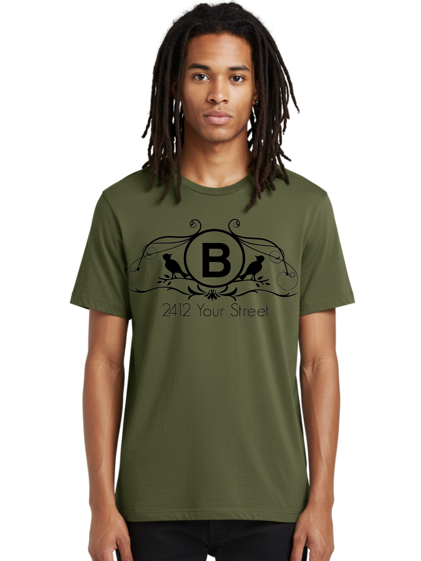 B-2412-Your-Street Men'S Graphic Tee, 100% Cotton, Comfortable Casual Summer Wear, Machine Washable, Vintage Logo, Stylized Letter B, Birds On Branches, Ornate Design, Classic Typography, Address Label, Elegant Branding, Custom Illustration Aac481