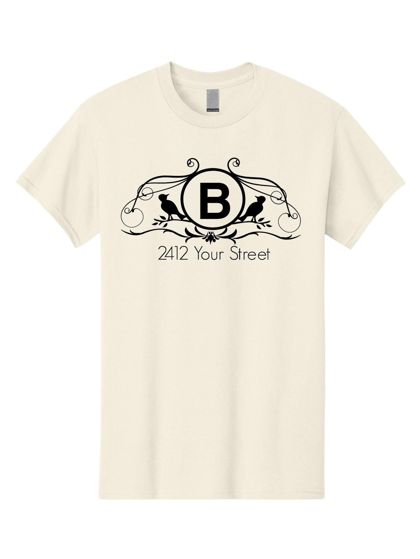 B-2412-Your-Street Men'S Graphic Tee, 100% Cotton, Comfortable Casual Summer Wear, Machine Washable, Vintage Logo, Stylized Letter B, Birds On Branches, Ornate Design, Classic Typography, Address Label, Elegant Branding, Custom Illustration Aac481