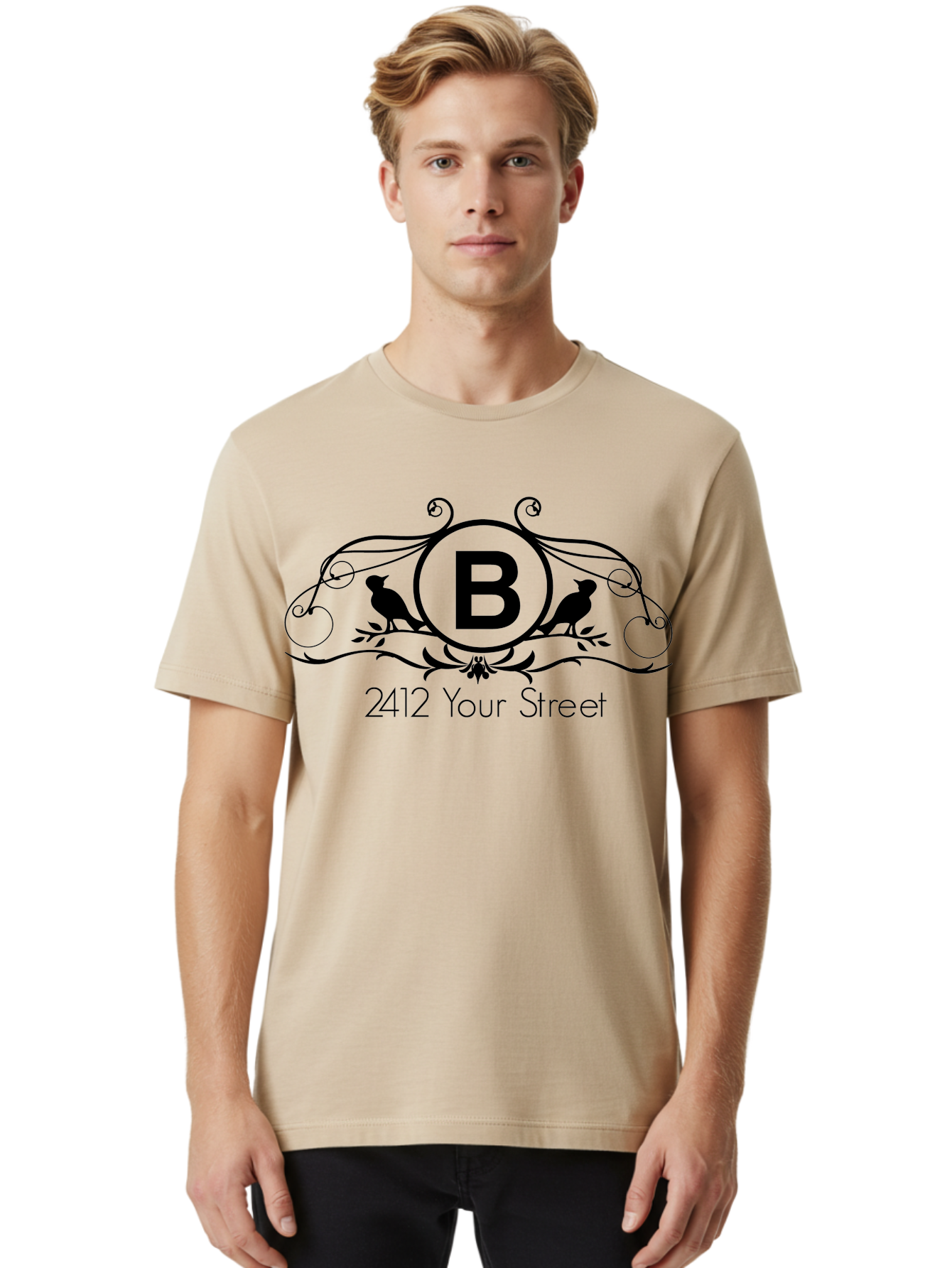 B-2412-Your-Street Men'S Graphic Tee, 100% Cotton, Comfortable Casual Summer Wear, Machine Washable, Vintage Logo, Stylized Letter B, Birds On Branches, Ornate Design, Classic Typography, Address Label, Elegant Branding, Custom Illustration Aac481