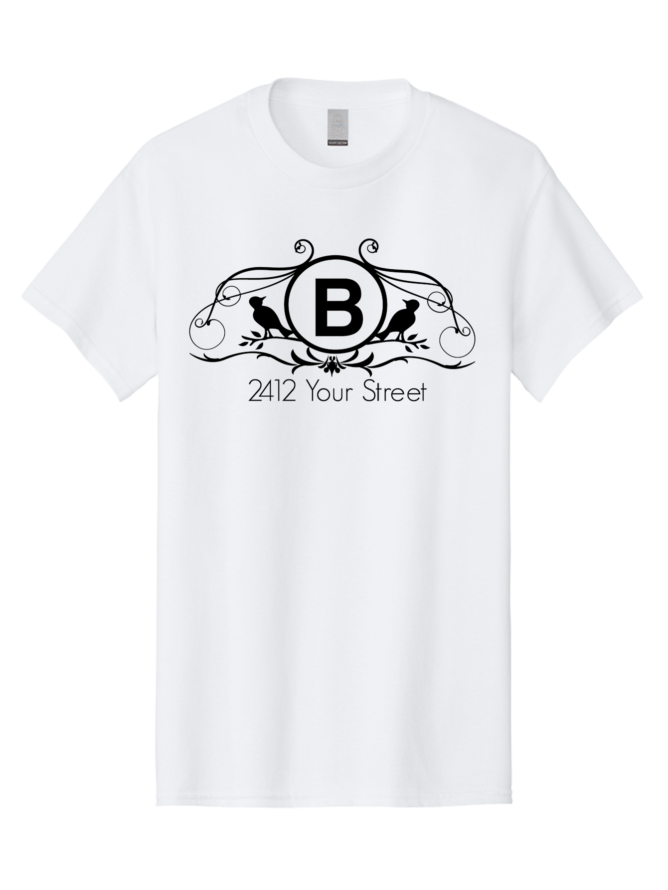 B-2412-Your-Street Men'S Graphic Tee, 100% Cotton, Comfortable Casual Summer Wear, Machine Washable, Vintage Logo, Stylized Letter B, Birds On Branches, Ornate Design, Classic Typography, Address Label, Elegant Branding, Custom Illustration Aac481