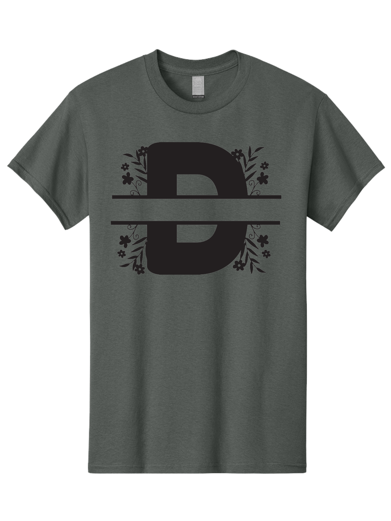 B-B-Floral-Design Men'S Graphic Tee, 100% Cotton, Comfortable Casual Summer Wear, Machine Washable, Letter B, Floral Design, Decorative Elements, Floral Patterns, Ornate Details, Black And Green, Bold Typography, Flower Motifs, Aac482