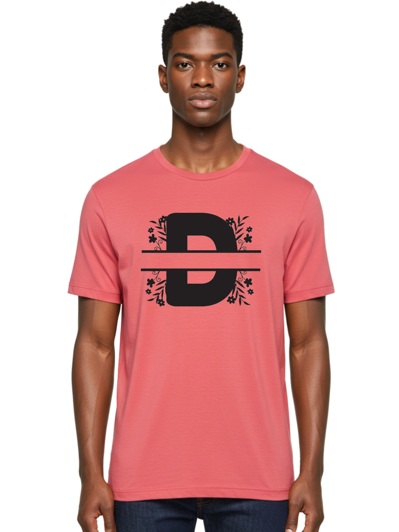 B-B-Floral-Design Men'S Graphic Tee, 100% Cotton, Comfortable Casual Summer Wear, Machine Washable, Letter B, Floral Design, Decorative Elements, Floral Patterns, Ornate Details, Black And Green, Bold Typography, Flower Motifs, Aac482