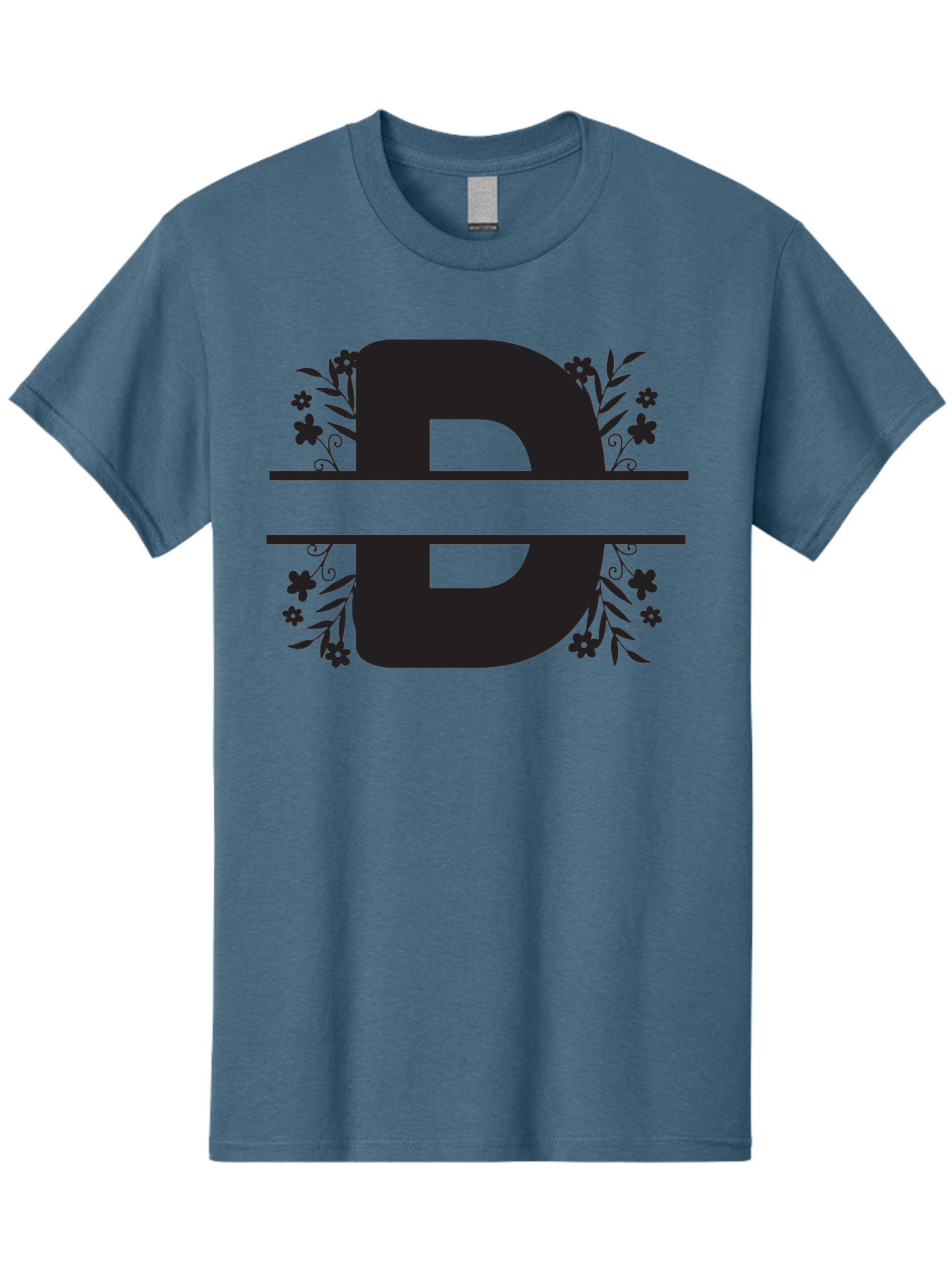 B-B-Floral-Design Men'S Graphic Tee, 100% Cotton, Comfortable Casual Summer Wear, Machine Washable, Letter B, Floral Design, Decorative Elements, Floral Patterns, Ornate Details, Black And Green, Bold Typography, Flower Motifs, Aac482