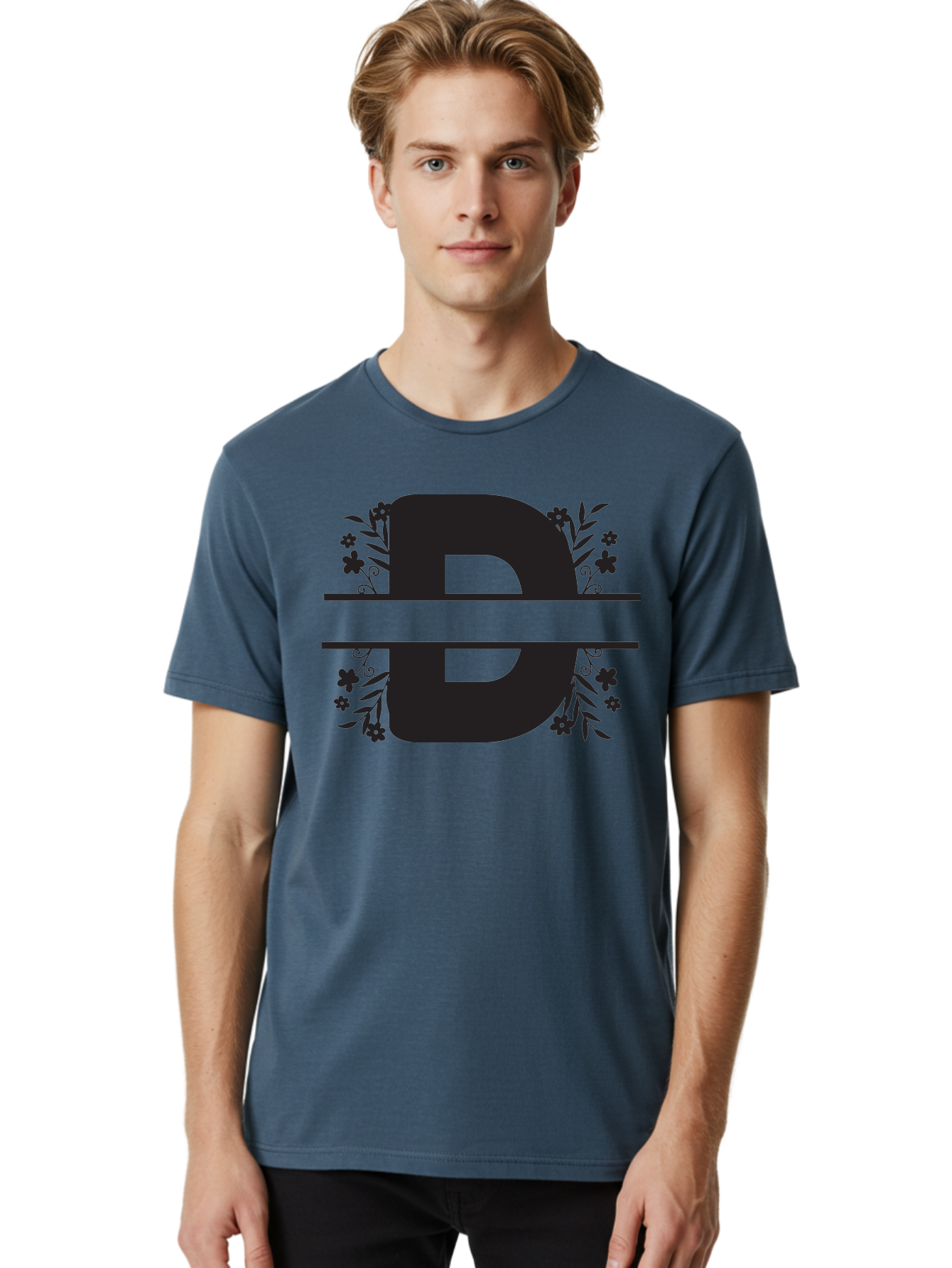 B-B-Floral-Design Men'S Graphic Tee, 100% Cotton, Comfortable Casual Summer Wear, Machine Washable, Letter B, Floral Design, Decorative Elements, Floral Patterns, Ornate Details, Black And Green, Bold Typography, Flower Motifs, Aac482