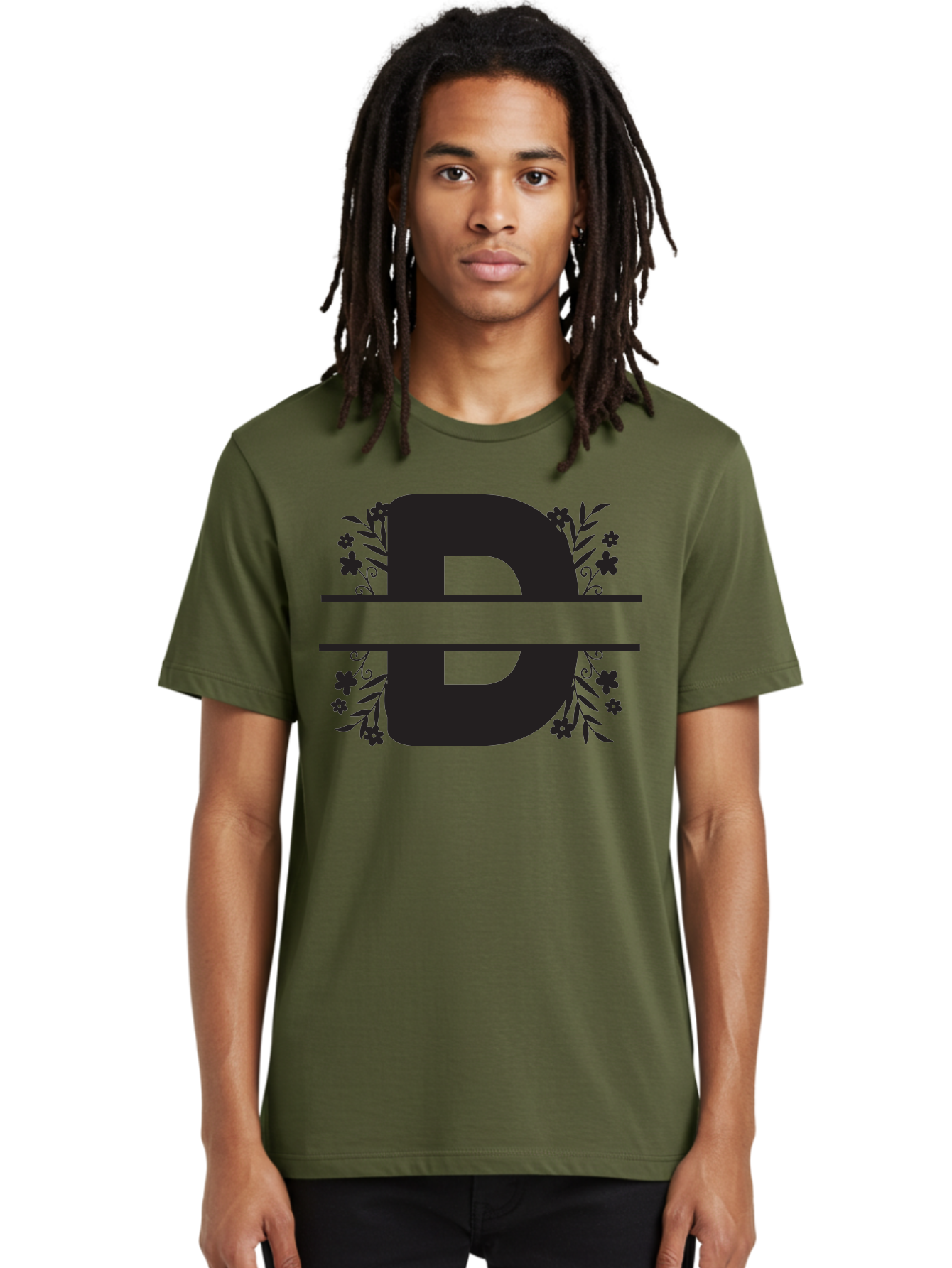 B-B-Floral-Design Men'S Graphic Tee, 100% Cotton, Comfortable Casual Summer Wear, Machine Washable, Letter B, Floral Design, Decorative Elements, Floral Patterns, Ornate Details, Black And Green, Bold Typography, Flower Motifs, Aac482