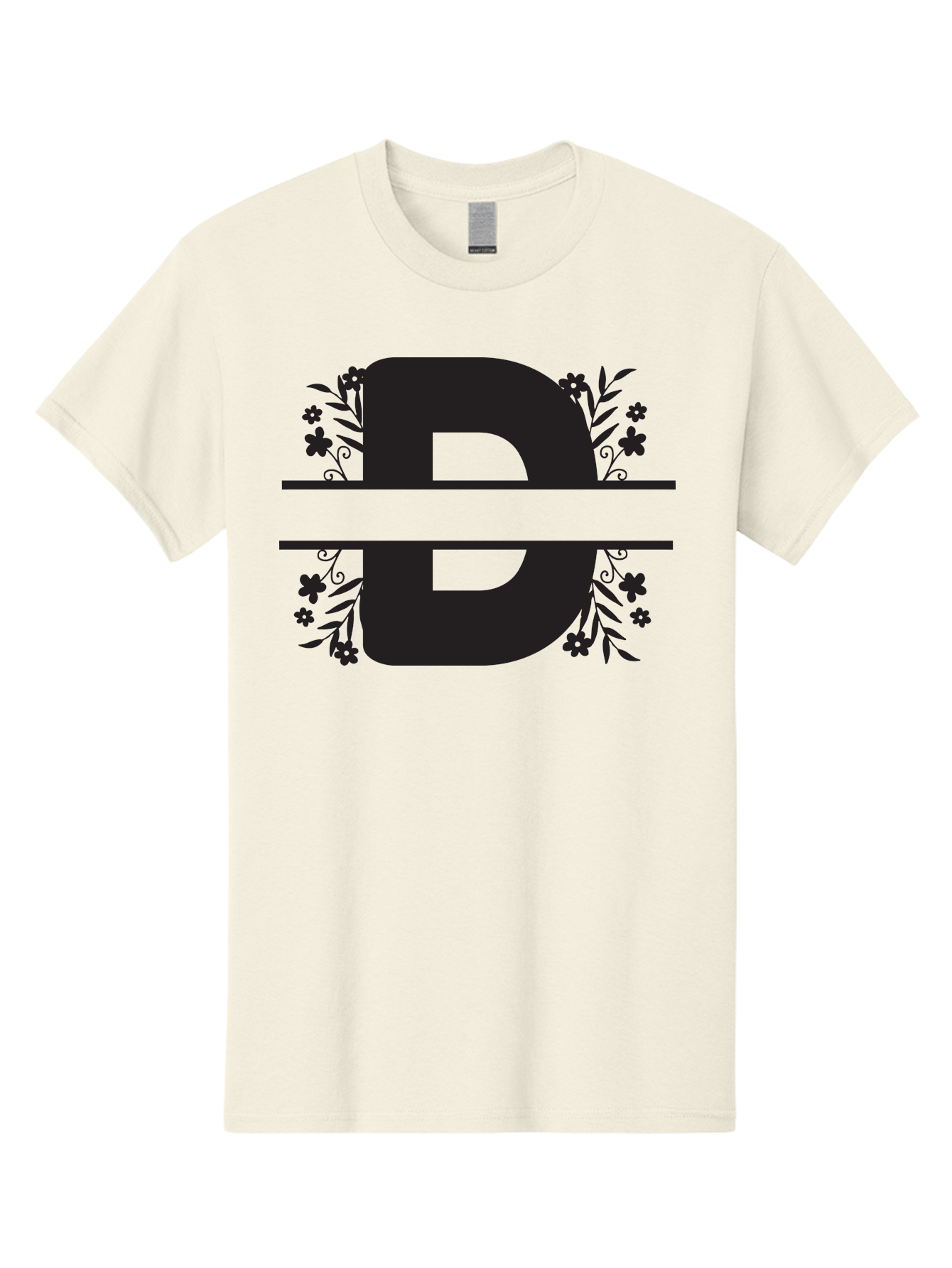 B-B-Floral-Design Men'S Graphic Tee, 100% Cotton, Comfortable Casual Summer Wear, Machine Washable, Letter B, Floral Design, Decorative Elements, Floral Patterns, Ornate Details, Black And Green, Bold Typography, Flower Motifs, Aac482