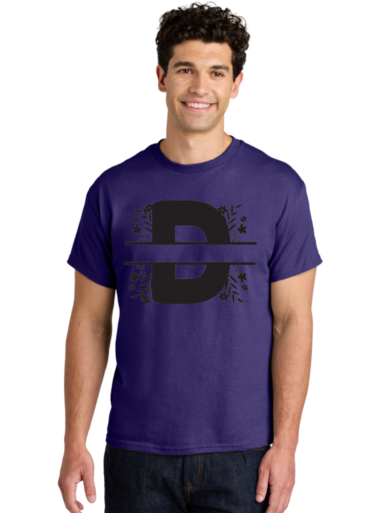 B-B-Floral-Design Men'S Graphic Tee, 100% Cotton, Comfortable Casual Summer Wear, Machine Washable, Letter B, Floral Design, Decorative Elements, Floral Patterns, Ornate Details, Black And Green, Bold Typography, Flower Motifs, Aac482