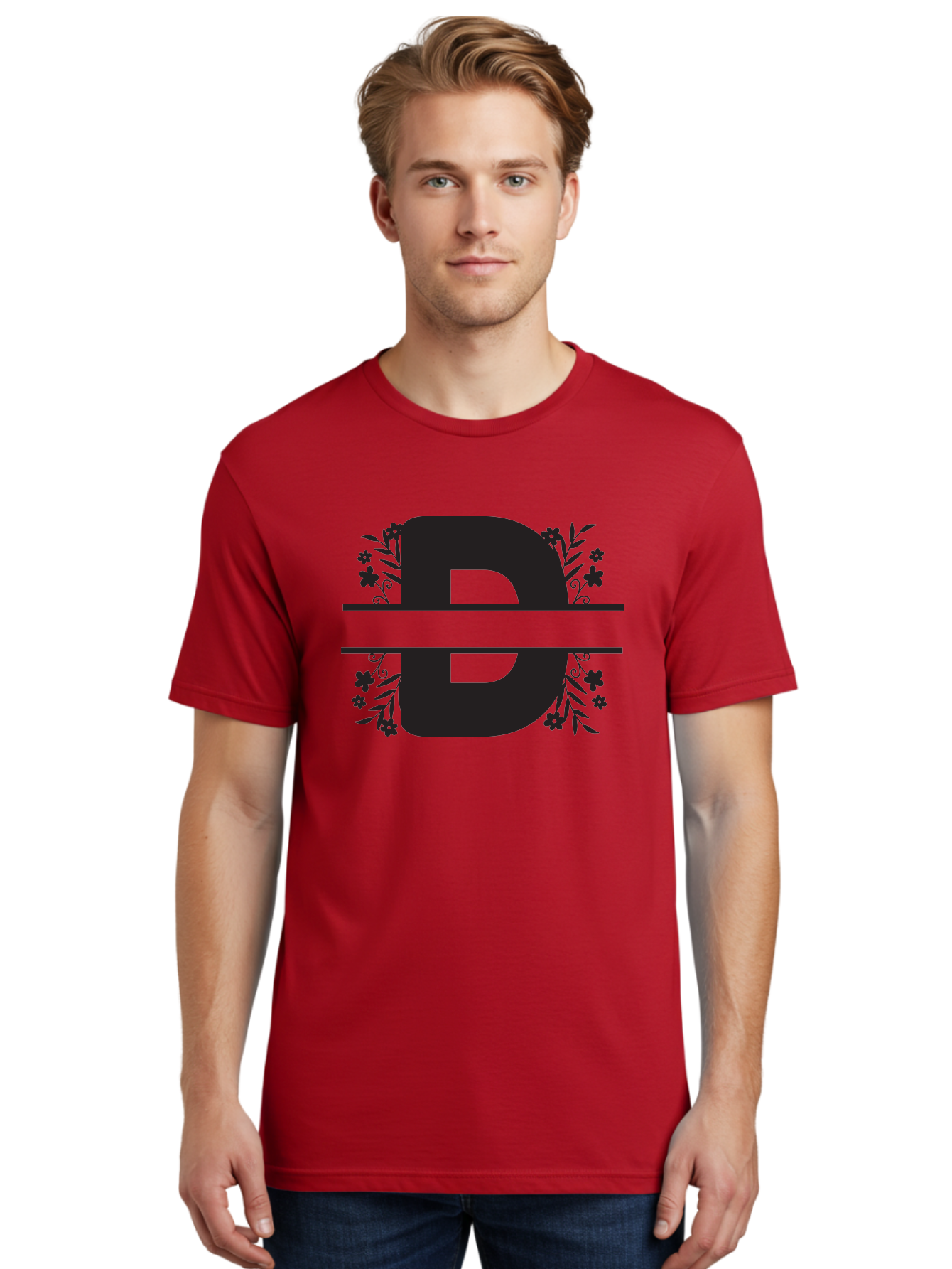 B-B-Floral-Design Men'S Graphic Tee, 100% Cotton, Comfortable Casual Summer Wear, Machine Washable, Letter B, Floral Design, Decorative Elements, Floral Patterns, Ornate Details, Black And Green, Bold Typography, Flower Motifs, Aac482