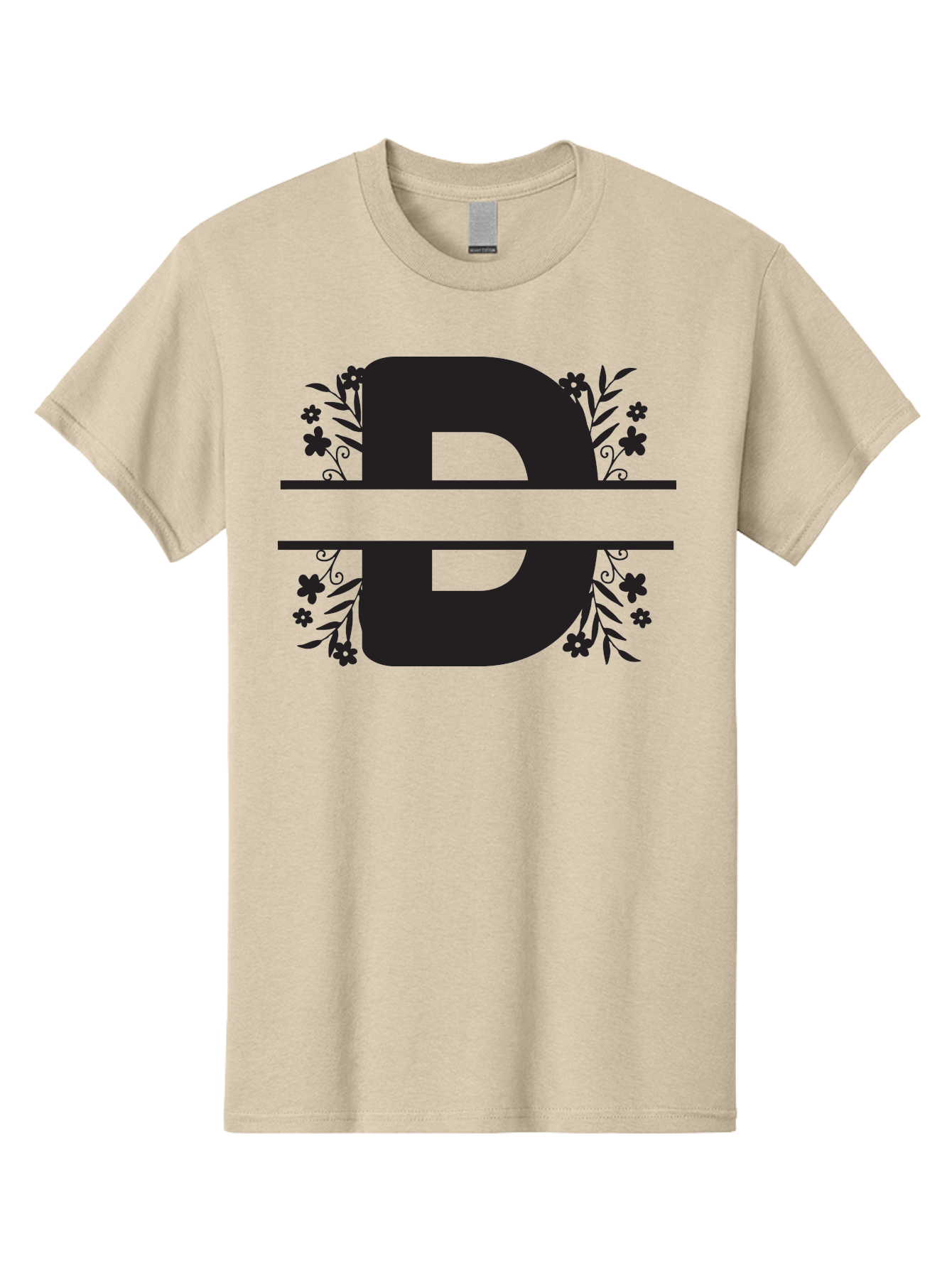 B-B-Floral-Design Men'S Graphic Tee, 100% Cotton, Comfortable Casual Summer Wear, Machine Washable, Letter B, Floral Design, Decorative Elements, Floral Patterns, Ornate Details, Black And Green, Bold Typography, Flower Motifs, Aac482