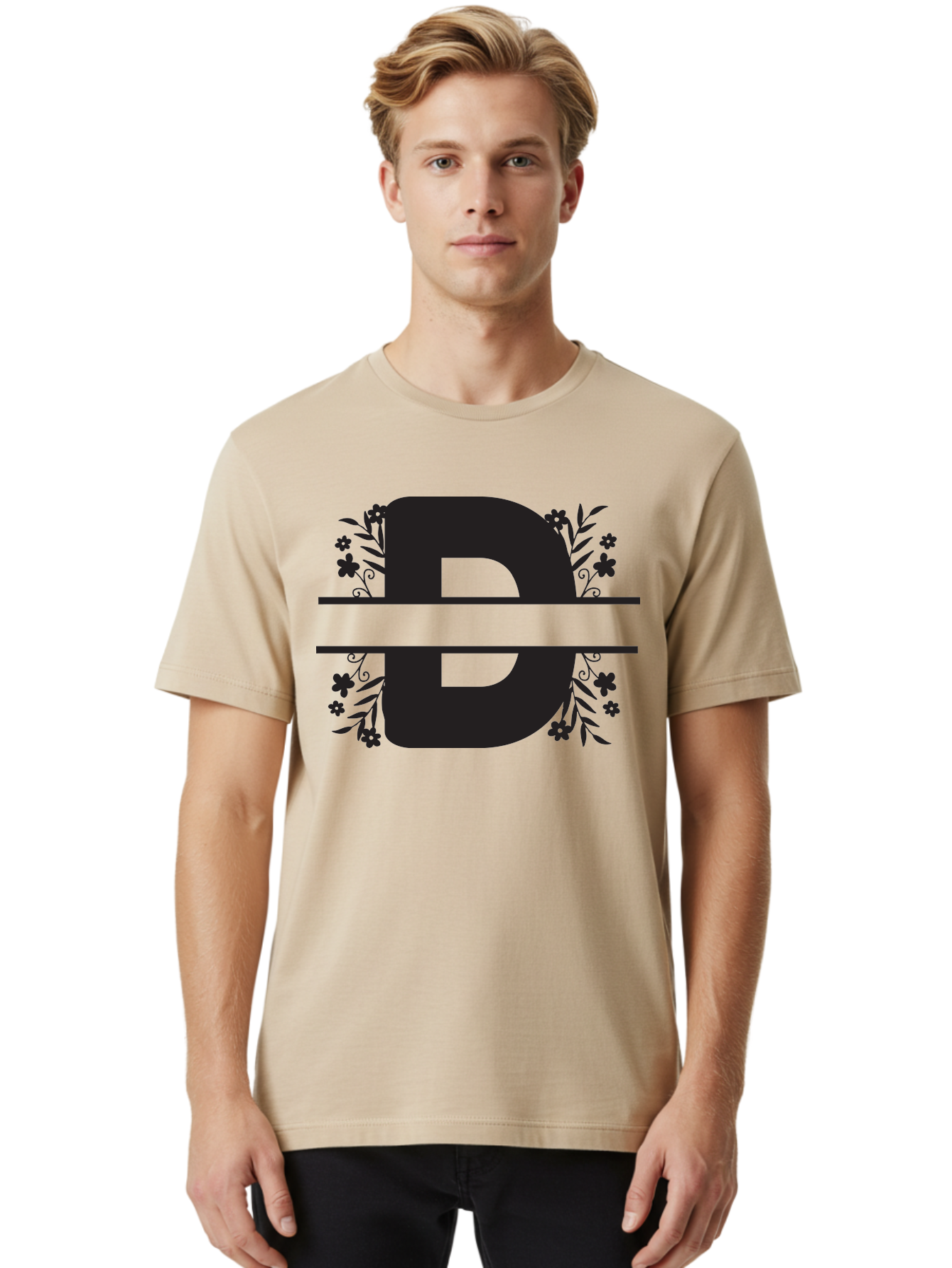 B-B-Floral-Design Men'S Graphic Tee, 100% Cotton, Comfortable Casual Summer Wear, Machine Washable, Letter B, Floral Design, Decorative Elements, Floral Patterns, Ornate Details, Black And Green, Bold Typography, Flower Motifs, Aac482