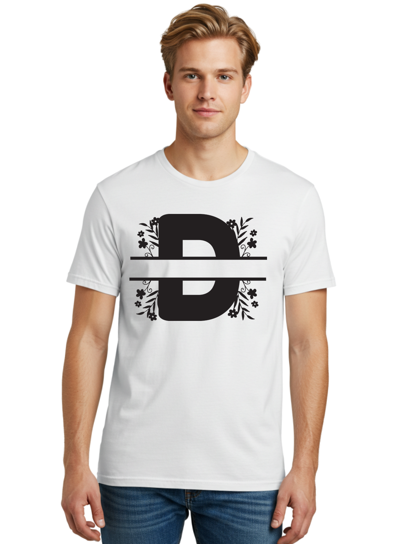 B-B-Floral-Design Men'S Graphic Tee, 100% Cotton, Comfortable Casual Summer Wear, Machine Washable, Letter B, Floral Design, Decorative Elements, Floral Patterns, Ornate Details, Black And Green, Bold Typography, Flower Motifs, Aac482