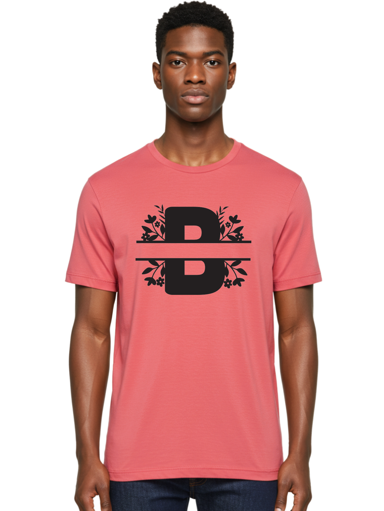 B-Floral Men'S Graphic Tee, 100% Cotton, Comfortable Casual Summer Wear, Machine Washable, Floral Design, Alphabet B, Black Letters, Flower Pattern, Leaves, Floral Arrangement, Typography Aac483