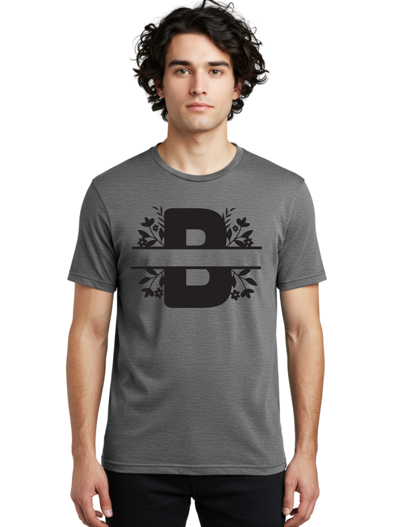 B-Floral Men'S Graphic Tee, 100% Cotton, Comfortable Casual Summer Wear, Machine Washable, Floral Design, Alphabet B, Black Letters, Flower Pattern, Leaves, Floral Arrangement, Typography Aac483