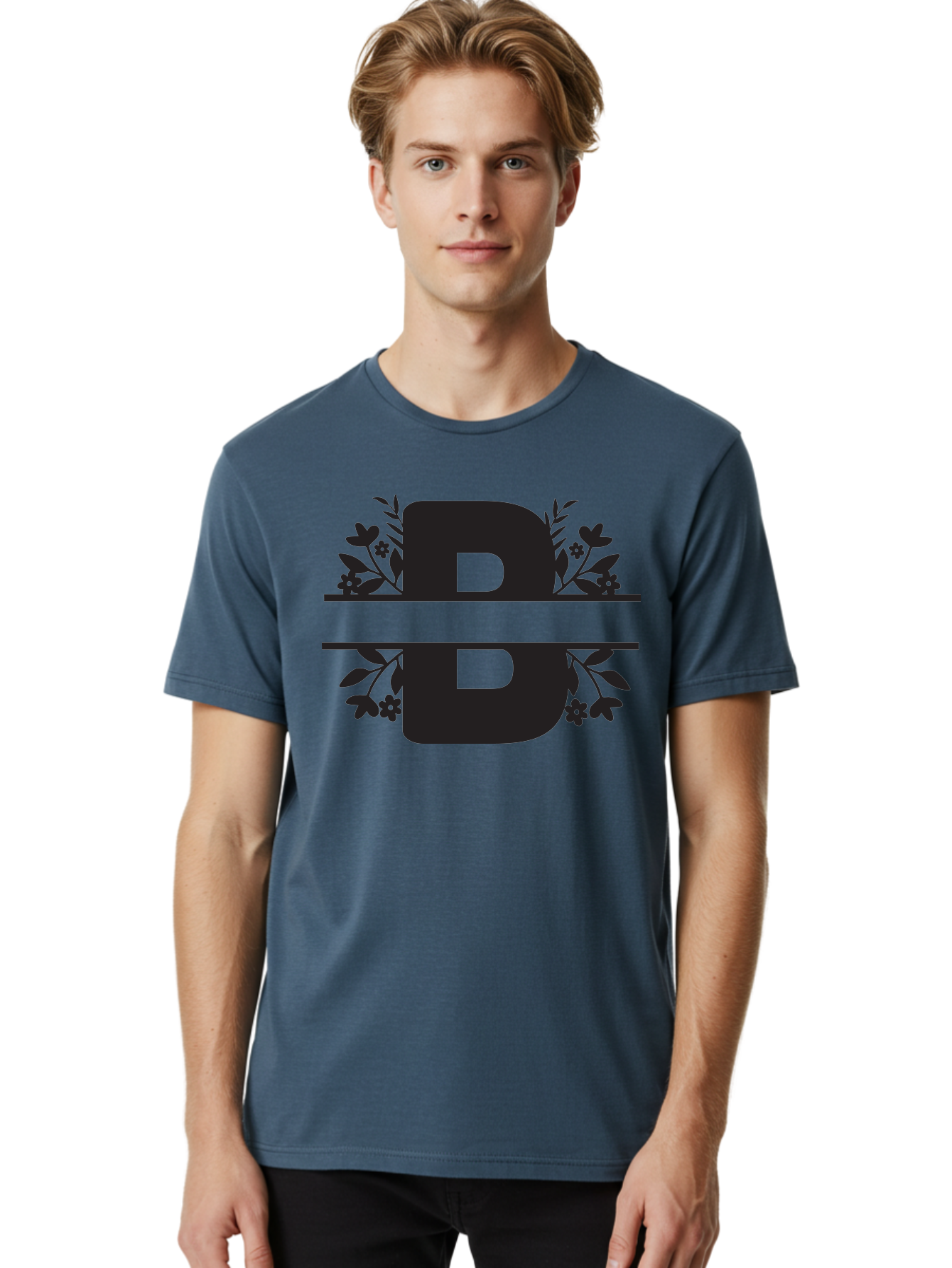 B-Floral Men'S Graphic Tee, 100% Cotton, Comfortable Casual Summer Wear, Machine Washable, Floral Design, Alphabet B, Black Letters, Flower Pattern, Leaves, Floral Arrangement, Typography Aac483