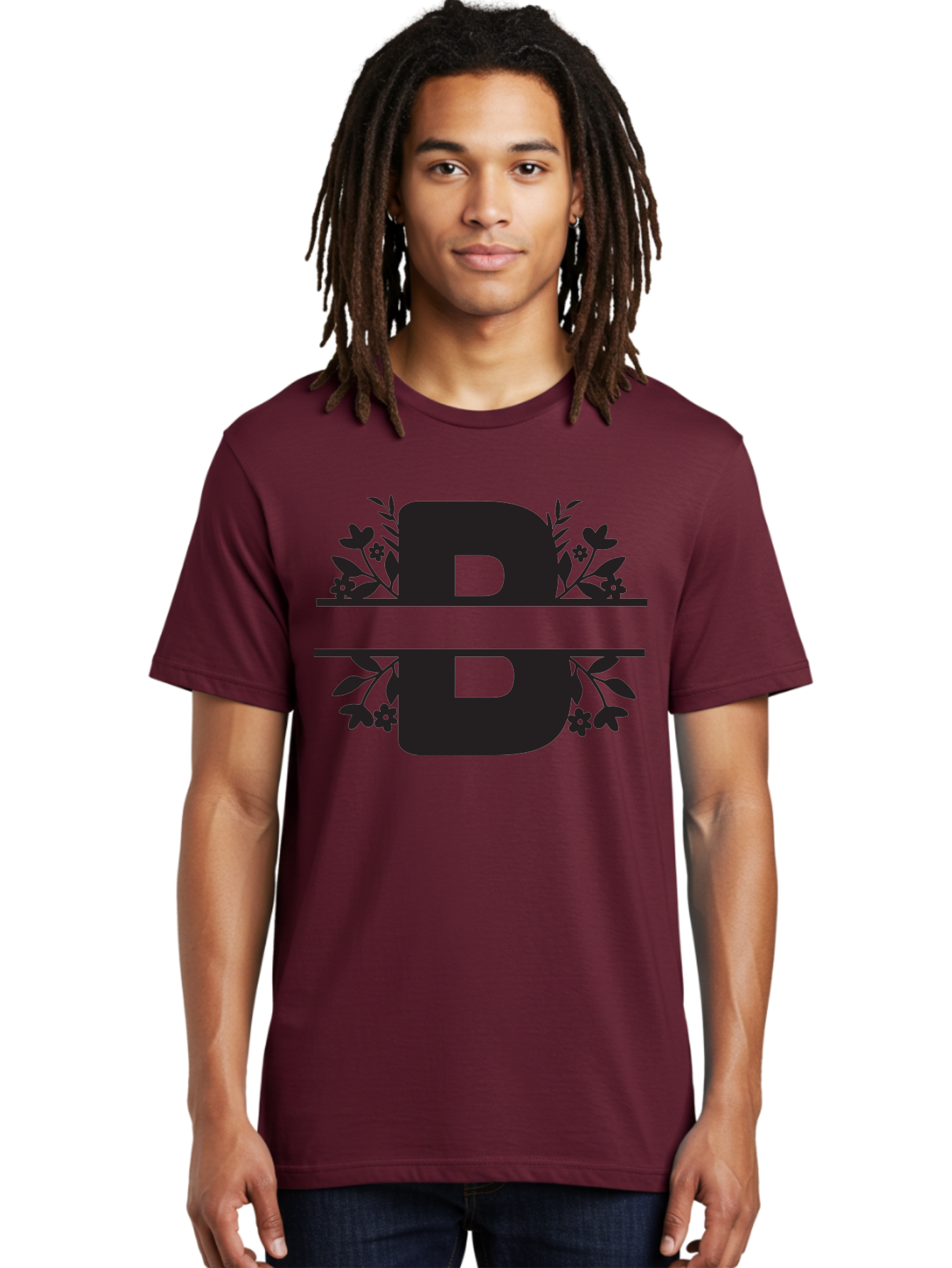 B-Floral Men'S Graphic Tee, 100% Cotton, Comfortable Casual Summer Wear, Machine Washable, Floral Design, Alphabet B, Black Letters, Flower Pattern, Leaves, Floral Arrangement, Typography Aac483