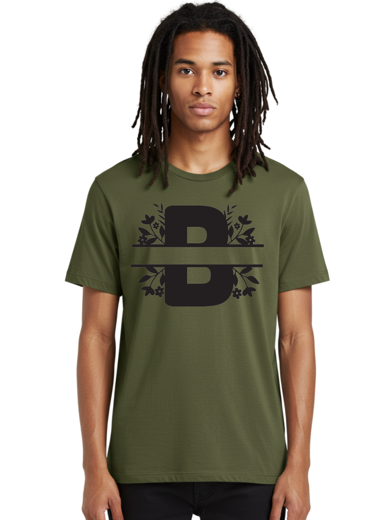 B-Floral Men'S Graphic Tee, 100% Cotton, Comfortable Casual Summer Wear, Machine Washable, Floral Design, Alphabet B, Black Letters, Flower Pattern, Leaves, Floral Arrangement, Typography Aac483