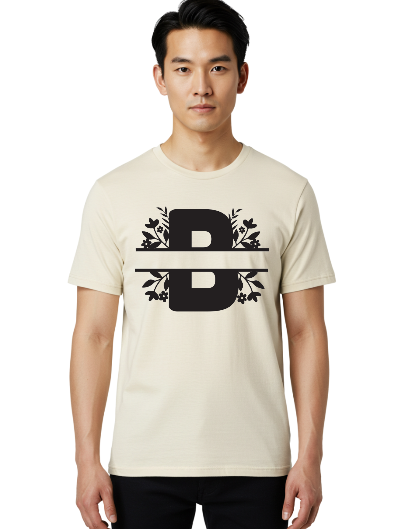 B-Floral Men'S Graphic Tee, 100% Cotton, Comfortable Casual Summer Wear, Machine Washable, Floral Design, Alphabet B, Black Letters, Flower Pattern, Leaves, Floral Arrangement, Typography Aac483