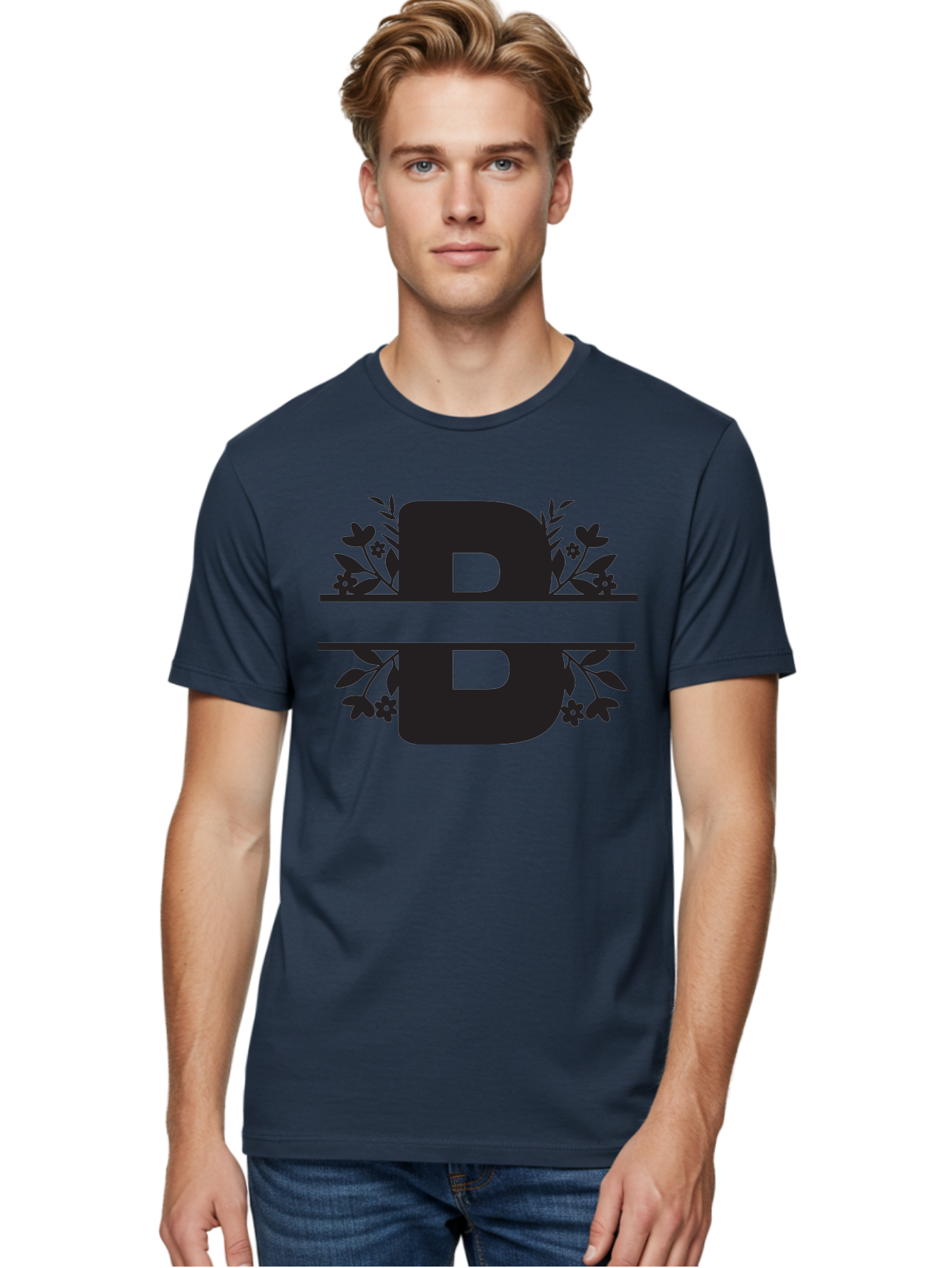 B-Floral Men'S Graphic Tee, 100% Cotton, Comfortable Casual Summer Wear, Machine Washable, Floral Design, Alphabet B, Black Letters, Flower Pattern, Leaves, Floral Arrangement, Typography Aac483