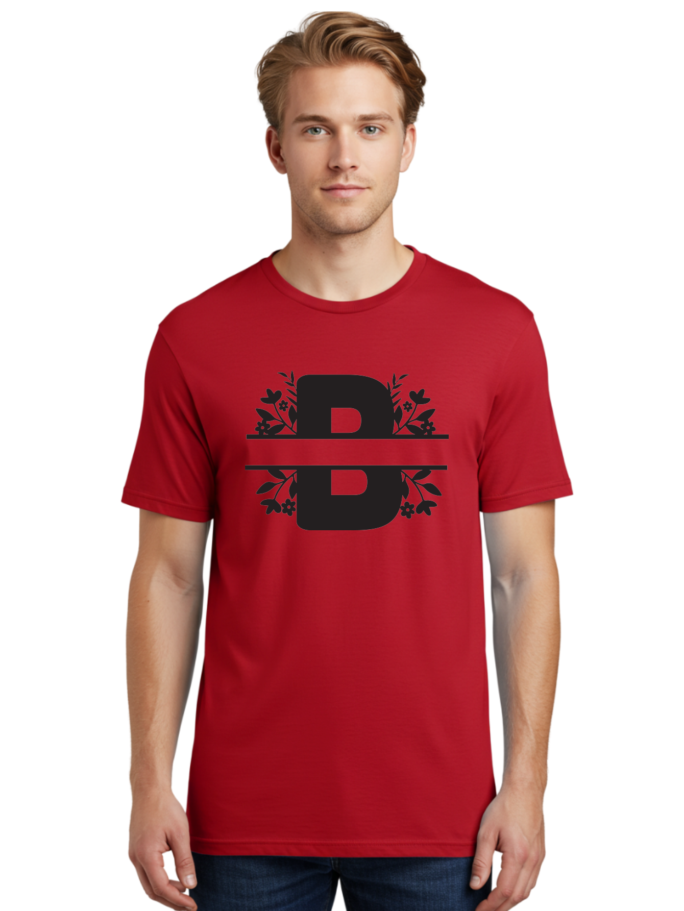 B-Floral Men'S Graphic Tee, 100% Cotton, Comfortable Casual Summer Wear, Machine Washable, Floral Design, Alphabet B, Black Letters, Flower Pattern, Leaves, Floral Arrangement, Typography Aac483