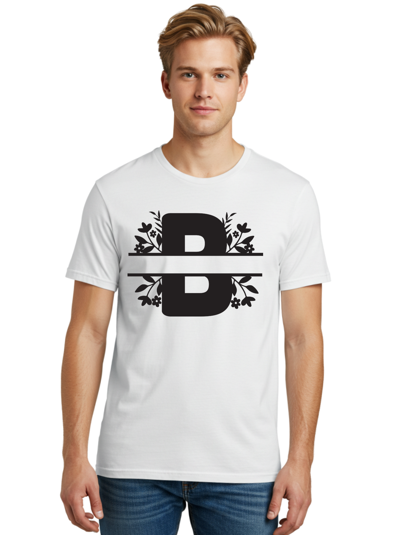 B-Floral Men'S Graphic Tee, 100% Cotton, Comfortable Casual Summer Wear, Machine Washable, Floral Design, Alphabet B, Black Letters, Flower Pattern, Leaves, Floral Arrangement, Typography Aac483