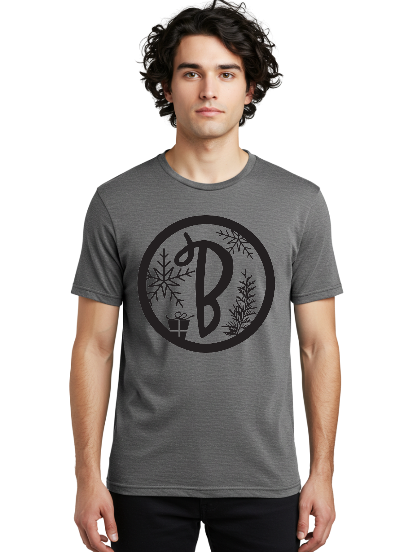 B Men'S Graphic Tee, 100% Cotton, Comfortable Casual Summer Wear, Machine Washable, Christmas Gift, Snowflake, Festive Decorations, Holly Leaves, Holiday Season, Winter Wonderland, Winter Holidays, Gift Box, Christmas Theme Aac484