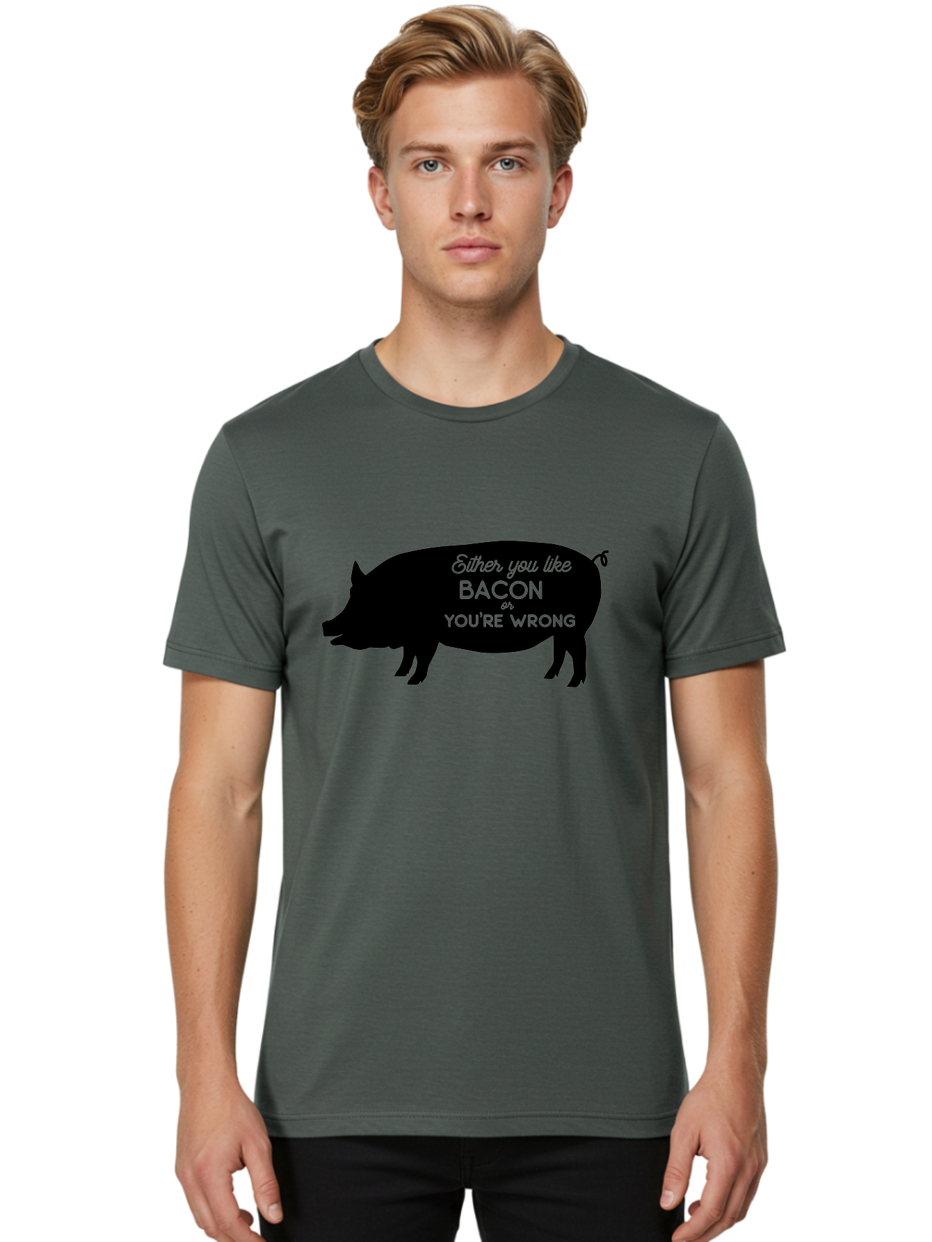 Bacon-Or-You-Re-Wrong Men'S Graphic Tee, 100% Cotton, Comfortable Casual Summer Wear, Machine Washable, Funny Quote, Bacon Lover, Pig Silhouette, Humorous Saying, Foodie Humor, Quote About Bacon, Bacon Enthusiast, Quirky Design, Aac485