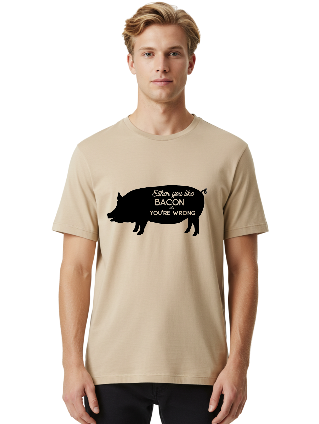 Bacon-Or-You-Re-Wrong Men'S Graphic Tee, 100% Cotton, Comfortable Casual Summer Wear, Machine Washable, Funny Quote, Bacon Lover, Pig Silhouette, Humorous Saying, Foodie Humor, Quote About Bacon, Bacon Enthusiast, Quirky Design, Aac485