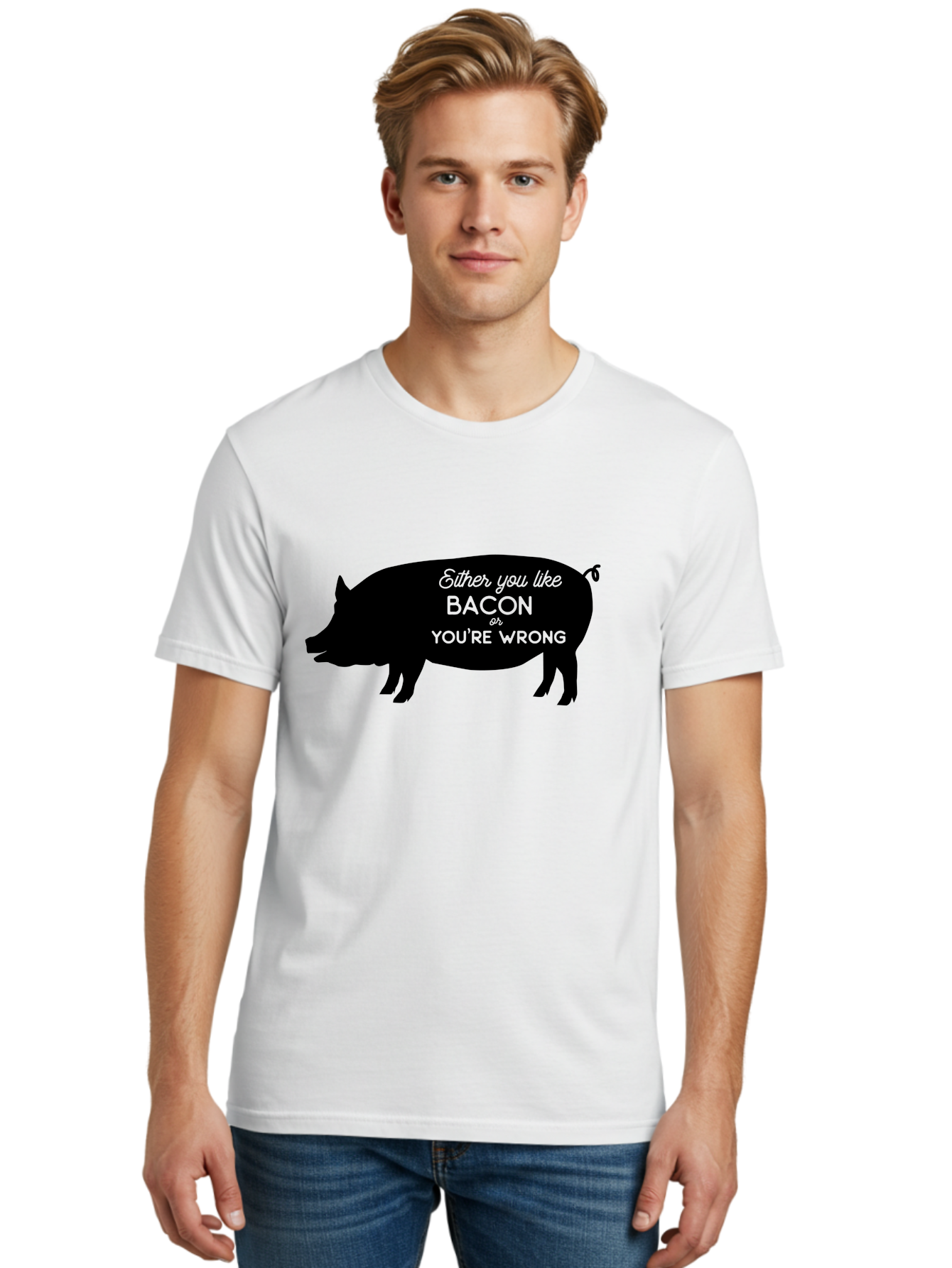 Bacon-Or-You-Re-Wrong Men'S Graphic Tee, 100% Cotton, Comfortable Casual Summer Wear, Machine Washable, Funny Quote, Bacon Lover, Pig Silhouette, Humorous Saying, Foodie Humor, Quote About Bacon, Bacon Enthusiast, Quirky Design, Aac485