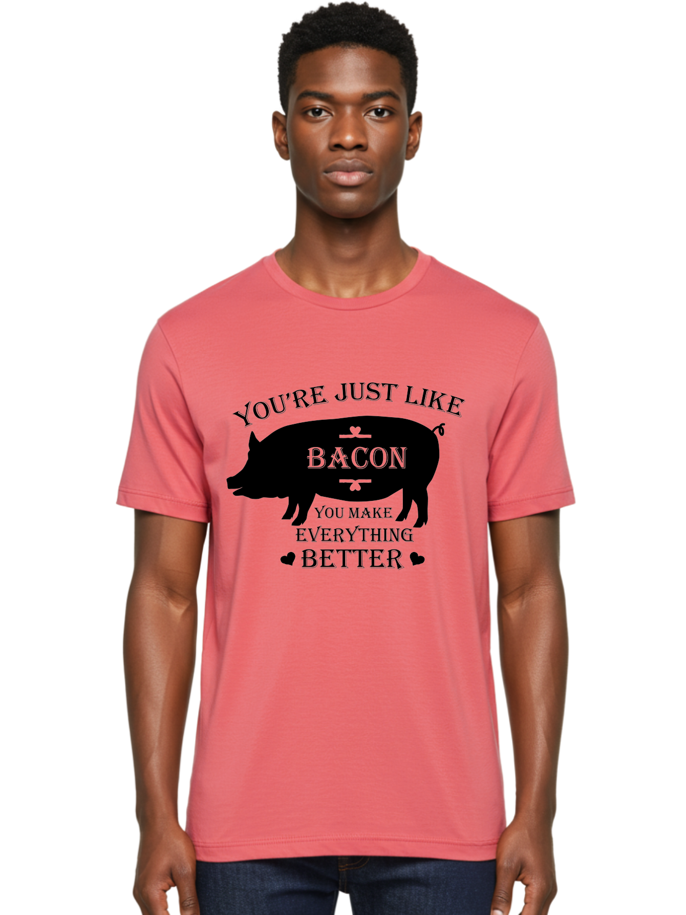 Bacon-Pig-Silhouette Men'S Graphic Tee, 100% Cotton, Comfortable Casual Summer Wear, Machine Washable, Funny Pig Design, Bacon Lover, Bacon Humor, Cute Pig Silhouette, You Make Everything Better, Bacon Quotes, Pig Phrases, Foodie Graphics Aac486