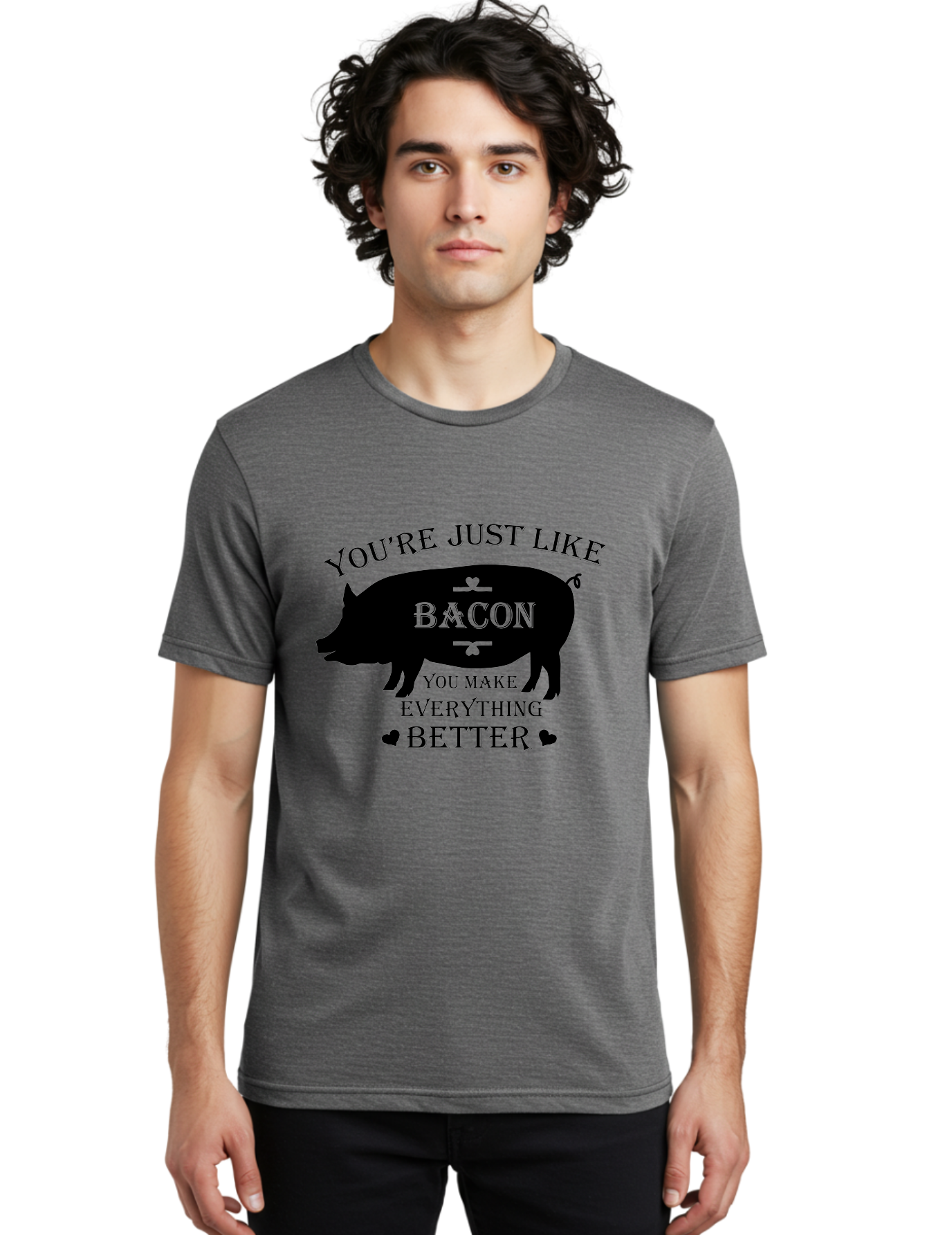 Bacon-Pig-Silhouette Men'S Graphic Tee, 100% Cotton, Comfortable Casual Summer Wear, Machine Washable, Funny Pig Design, Bacon Lover, Bacon Humor, Cute Pig Silhouette, You Make Everything Better, Bacon Quotes, Pig Phrases, Foodie Graphics Aac486