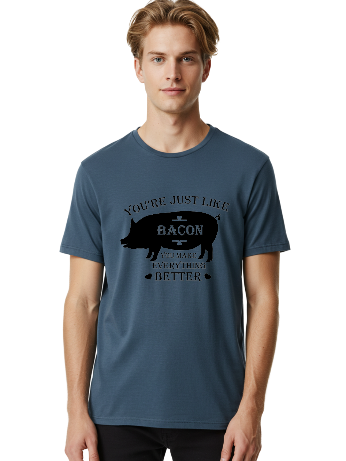 Bacon-Pig-Silhouette Men'S Graphic Tee, 100% Cotton, Comfortable Casual Summer Wear, Machine Washable, Funny Pig Design, Bacon Lover, Bacon Humor, Cute Pig Silhouette, You Make Everything Better, Bacon Quotes, Pig Phrases, Foodie Graphics Aac486