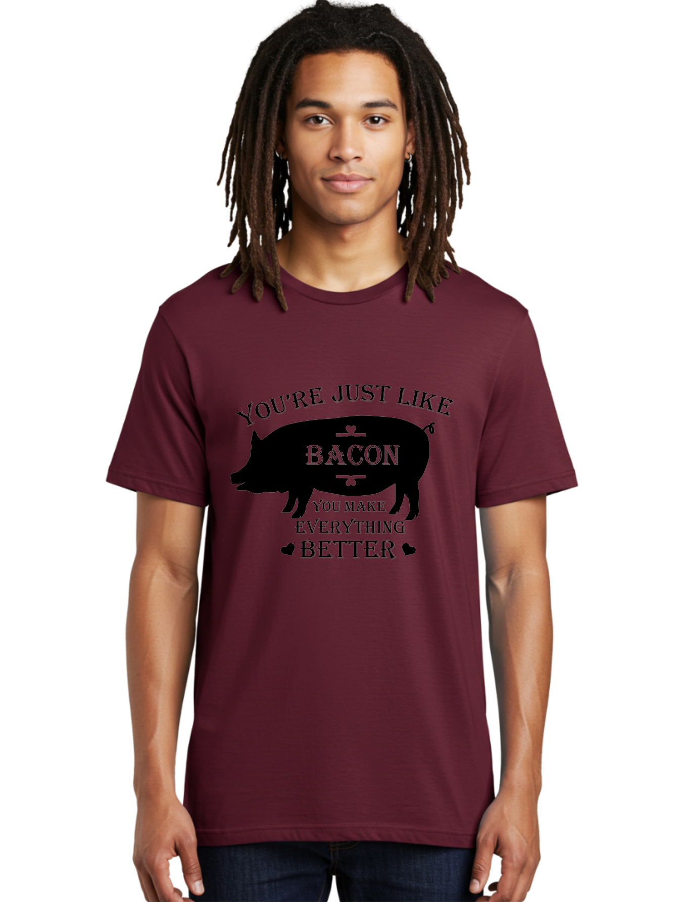 Bacon-Pig-Silhouette Men'S Graphic Tee, 100% Cotton, Comfortable Casual Summer Wear, Machine Washable, Funny Pig Design, Bacon Lover, Bacon Humor, Cute Pig Silhouette, You Make Everything Better, Bacon Quotes, Pig Phrases, Foodie Graphics Aac486