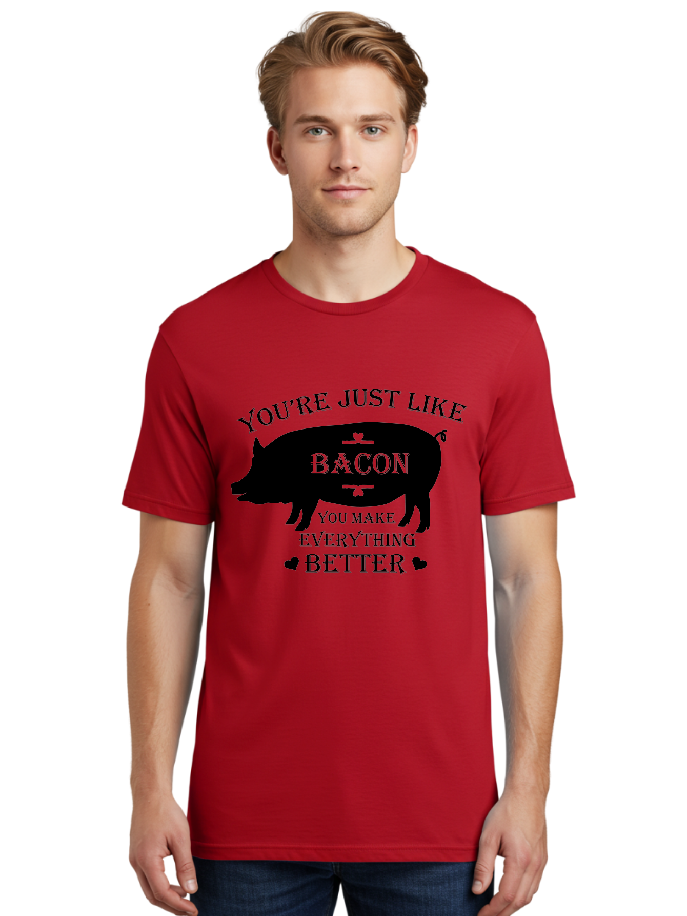 Bacon-Pig-Silhouette Men'S Graphic Tee, 100% Cotton, Comfortable Casual Summer Wear, Machine Washable, Funny Pig Design, Bacon Lover, Bacon Humor, Cute Pig Silhouette, You Make Everything Better, Bacon Quotes, Pig Phrases, Foodie Graphics Aac486