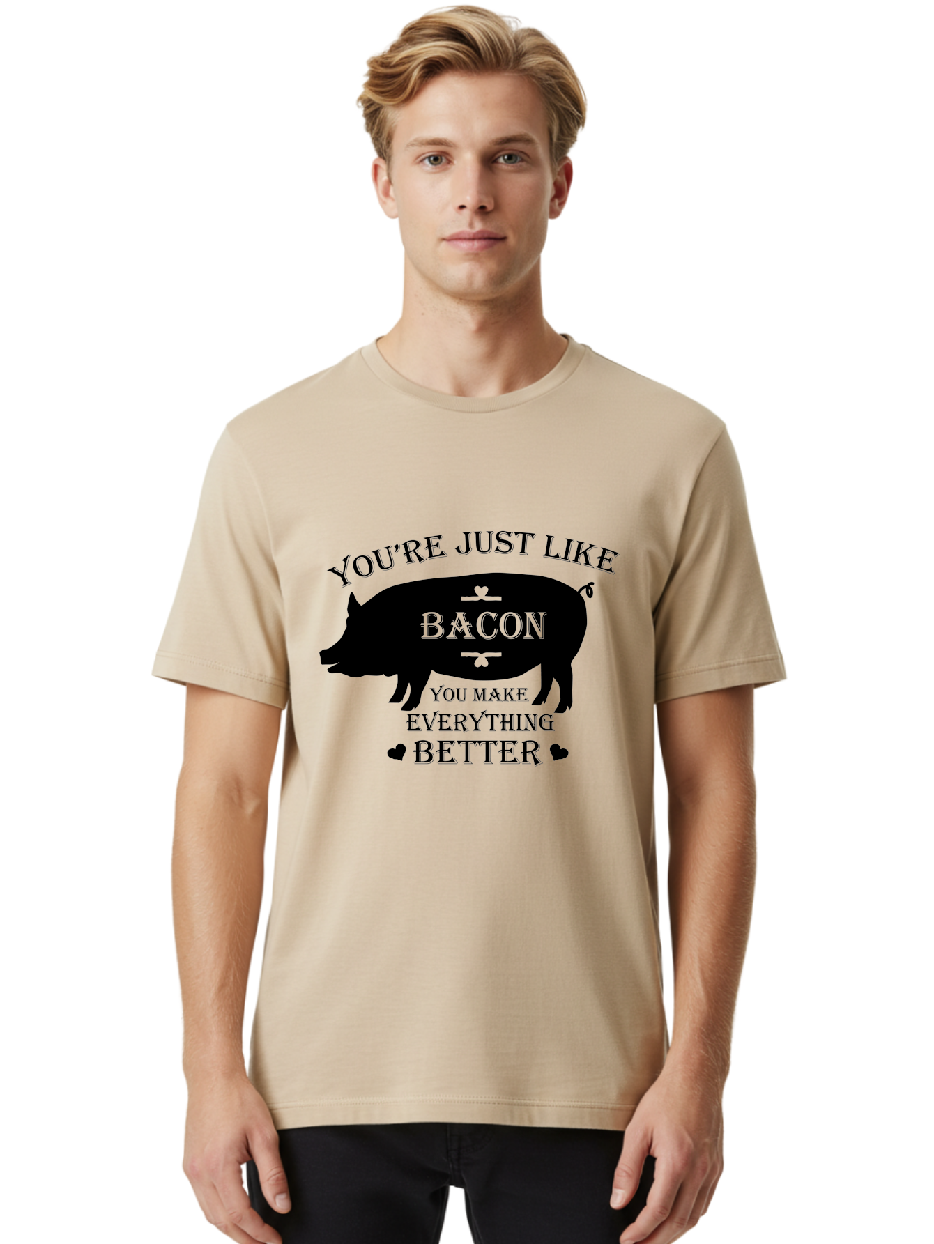 Bacon-Pig-Silhouette Men'S Graphic Tee, 100% Cotton, Comfortable Casual Summer Wear, Machine Washable, Funny Pig Design, Bacon Lover, Bacon Humor, Cute Pig Silhouette, You Make Everything Better, Bacon Quotes, Pig Phrases, Foodie Graphics Aac486