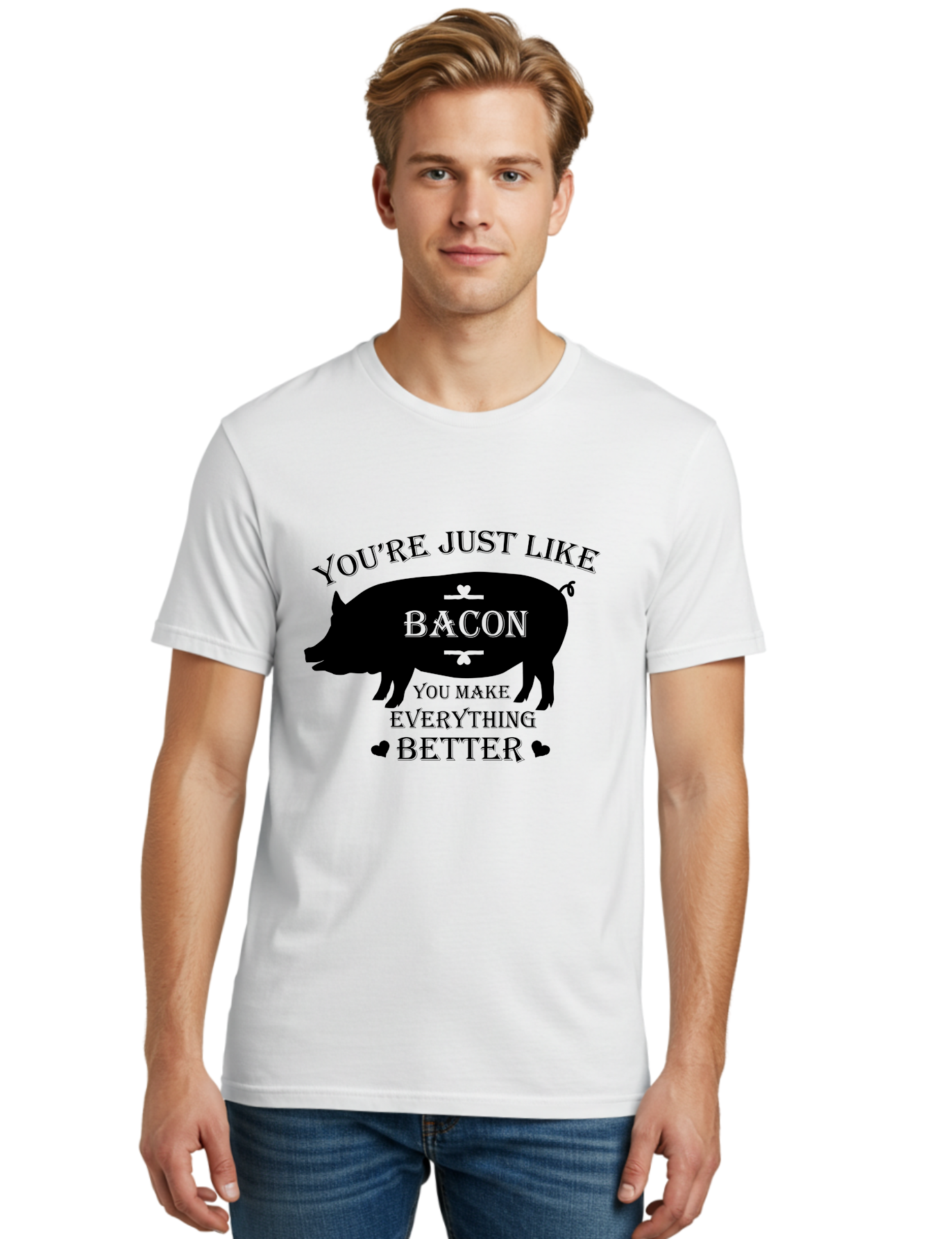 Bacon-Pig-Silhouette Men'S Graphic Tee, 100% Cotton, Comfortable Casual Summer Wear, Machine Washable, Funny Pig Design, Bacon Lover, Bacon Humor, Cute Pig Silhouette, You Make Everything Better, Bacon Quotes, Pig Phrases, Foodie Graphics Aac486