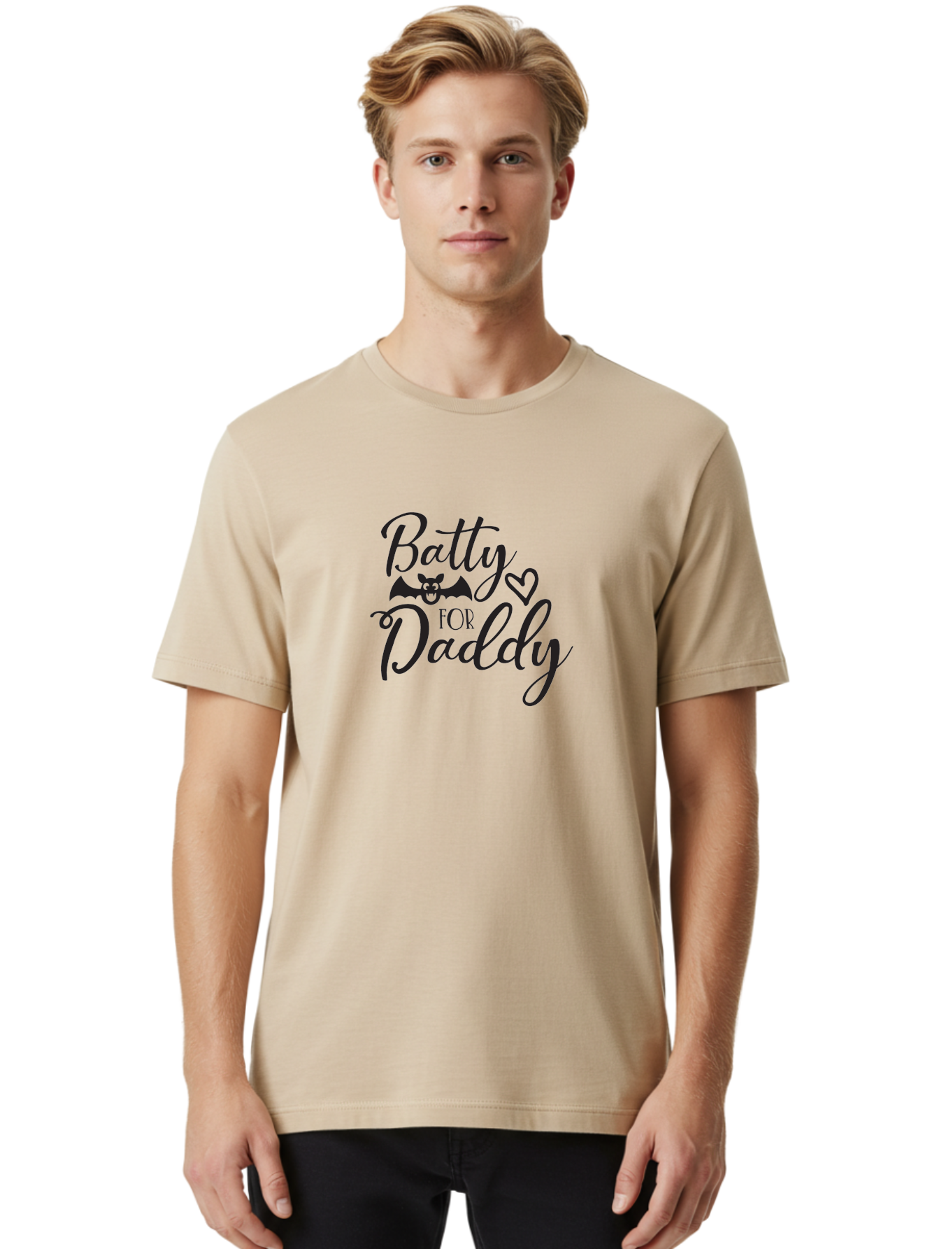 Batty-For-Daddy Men'S Graphic Tee, 100% Cotton, Comfortable Casual Summer Wear, Machine Washable, Batty For Daddy, Halloween Theme, Father'S Day Gift, Bat Design, Heart Symbol, Cursive Text, Love Message Aac490