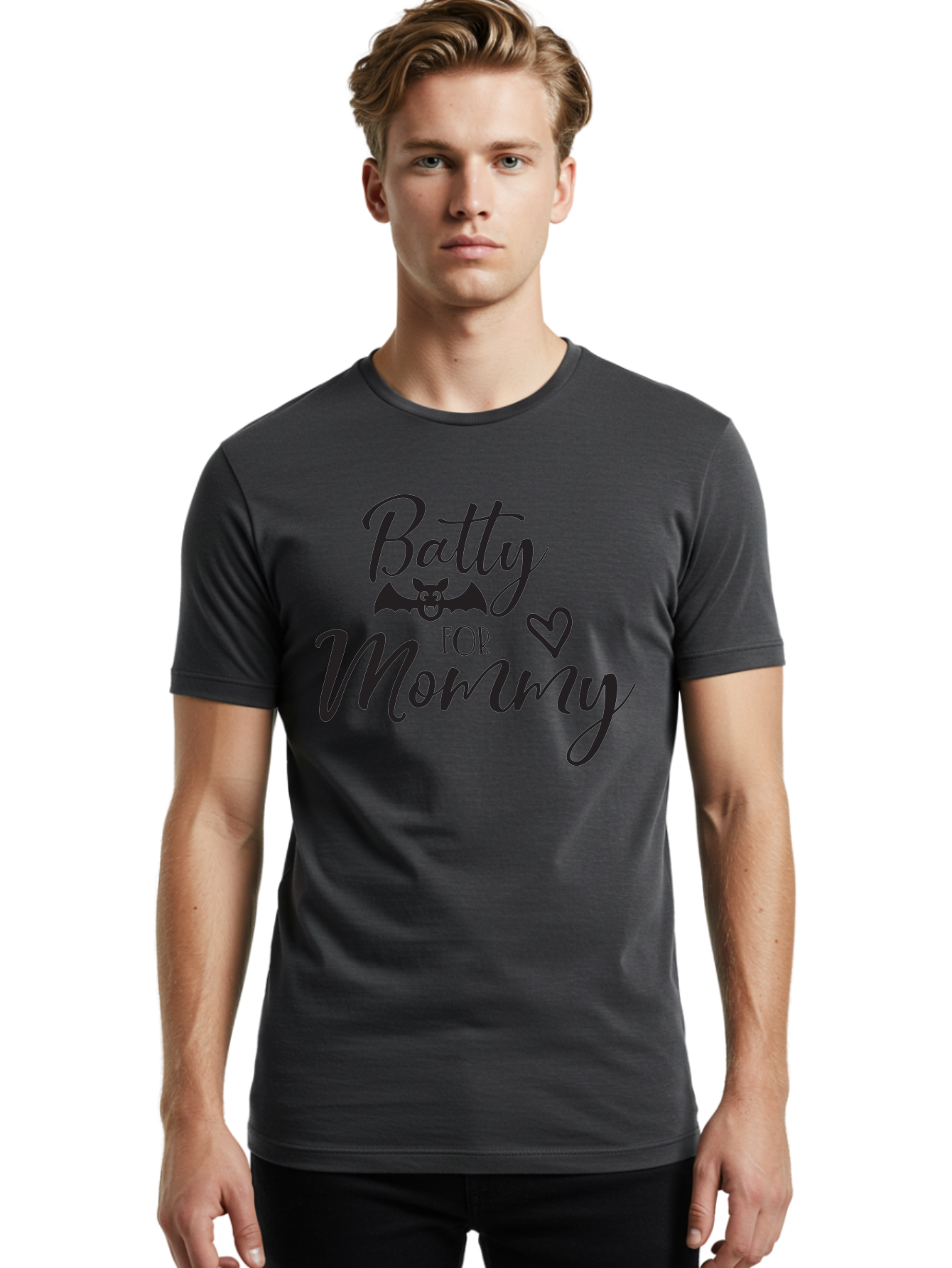 Batty-For-Mommy Men'S Graphic Tee, 100% Cotton, Comfortable Casual Summer Wear, Machine Washable, Halloween Theme, Batty For Mommy, Mother Child Love, Halloween Quotes, Funny Bat Design, Cursive Script, Heart Symbol, Mom Appreciation Aac491