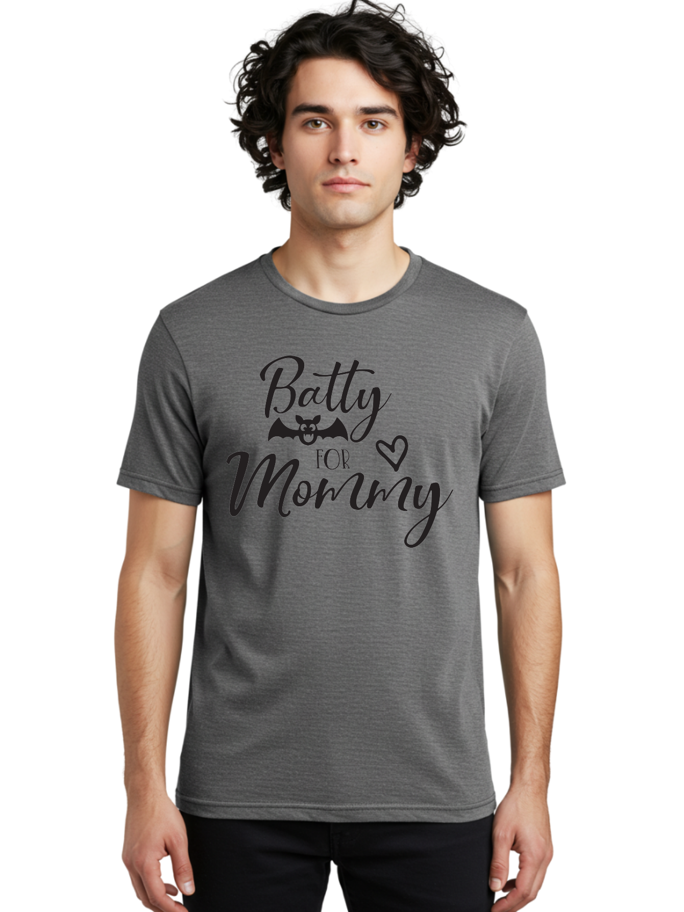 Batty-For-Mommy Men'S Graphic Tee, 100% Cotton, Comfortable Casual Summer Wear, Machine Washable, Halloween Theme, Batty For Mommy, Mother Child Love, Halloween Quotes, Funny Bat Design, Cursive Script, Heart Symbol, Mom Appreciation Aac491