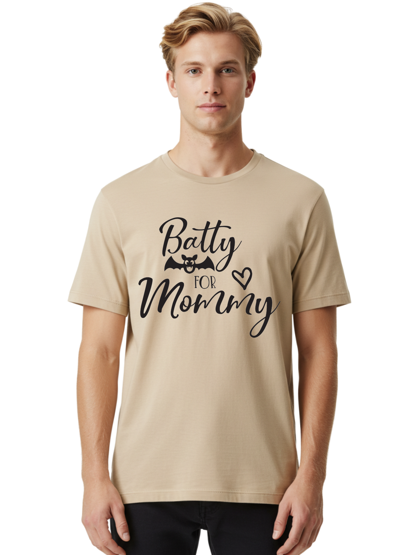 Batty-For-Mommy Men'S Graphic Tee, 100% Cotton, Comfortable Casual Summer Wear, Machine Washable, Halloween Theme, Batty For Mommy, Mother Child Love, Halloween Quotes, Funny Bat Design, Cursive Script, Heart Symbol, Mom Appreciation Aac491