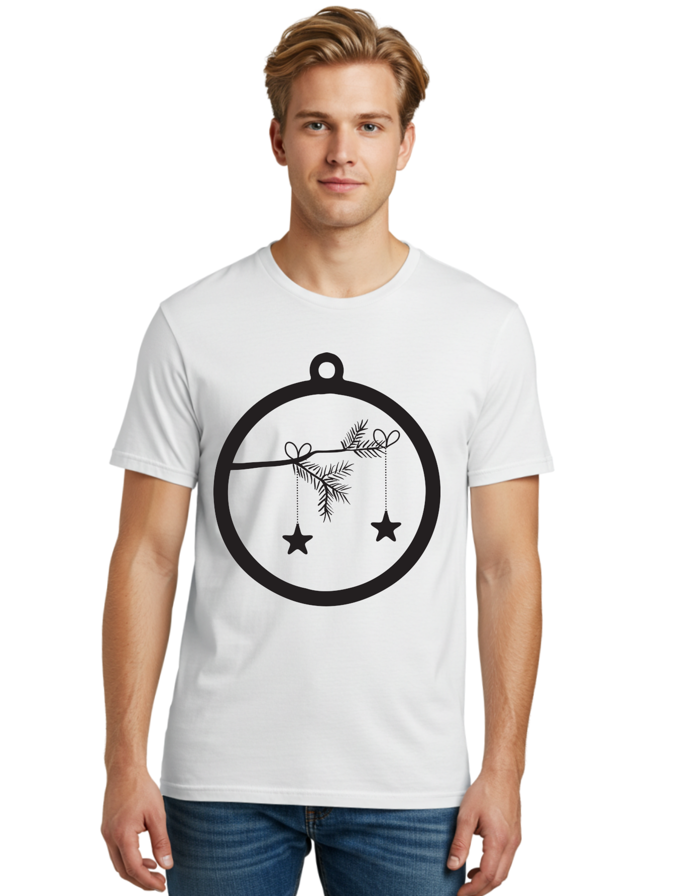 Bauble-With-Ornaments Men'S Graphic Tee, 100% Cotton, Comfortable Casual Summer Wear, Machine Washable, Christmas Decoration, Hanging Ornaments, Pine Branch, Star Decorations, Festive Design, Holiday Decor, Seasonal Theme, Xmas Tree Aac492