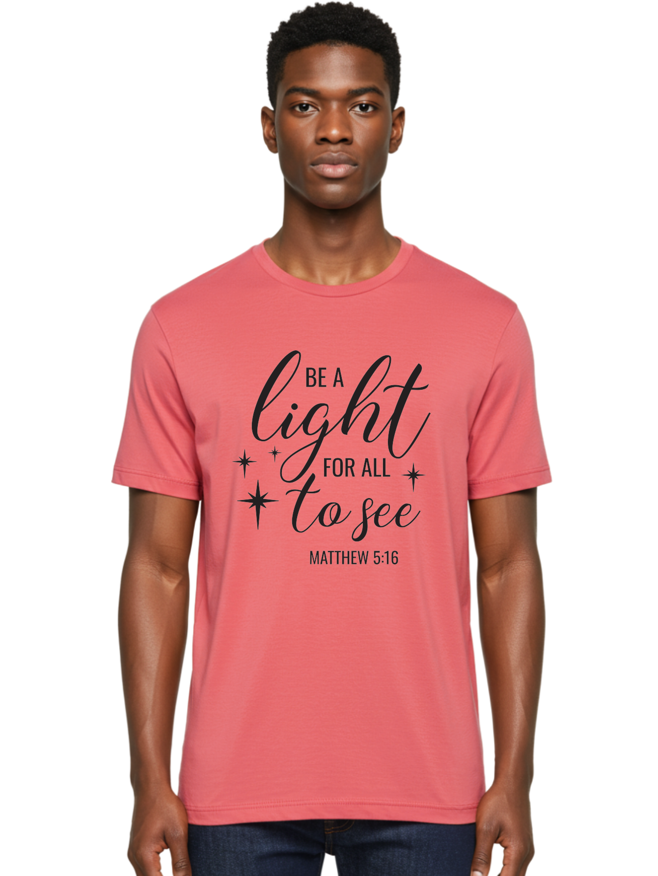Be-A-Light-For-All-To-See Men'S Graphic Tee, 100% Cotton, Comfortable Casual Summer Wear, Machine Washable, Inspirational Quote, Biblical Verse, Matthew 5:16, Motivational Message, Be A Light, Positivity, Faith, Spirituality, Guidance, Aac493