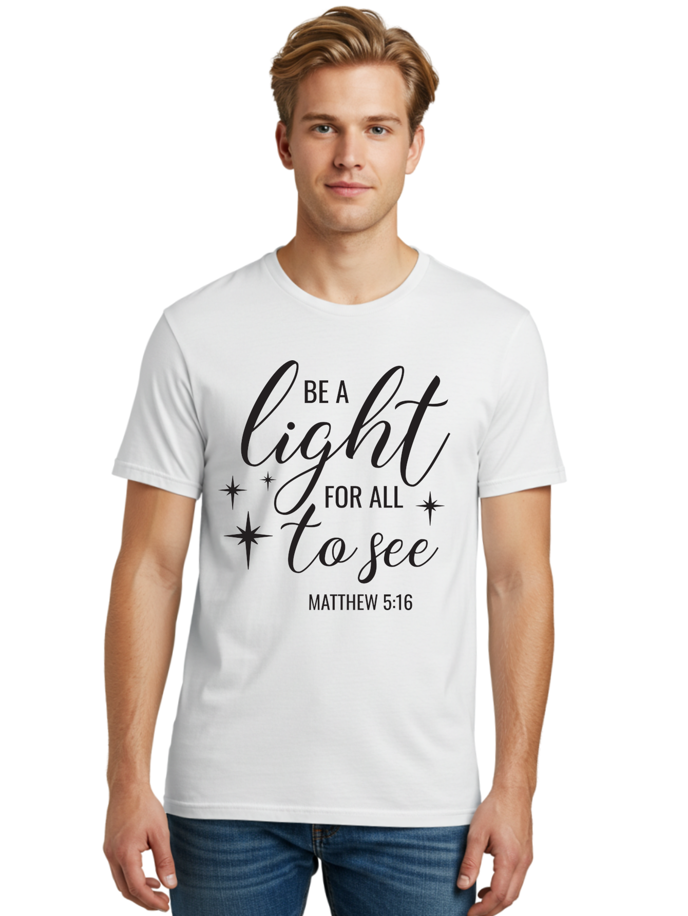 Be-A-Light-For-All-To-See Men'S Graphic Tee, 100% Cotton, Comfortable Casual Summer Wear, Machine Washable, Inspirational Quote, Biblical Verse, Matthew 5:16, Motivational Message, Be A Light, Positivity, Faith, Spirituality, Guidance, Aac493