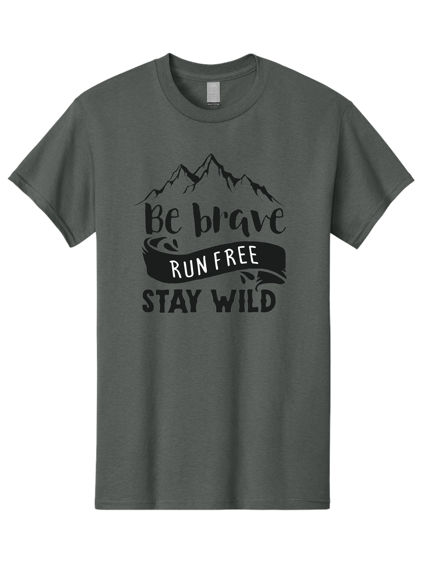 Be-Brave-Run-Free-Stay-Wild Men'S Graphic Tee, 100% Cotton, Comfortable Casual Summer Wear, Machine Washable, Inspirational Quote, Motivational Words, Bold Typography, Mountain Landscape, Running Free, Staying Wild, Brave Spirit, Freedom, Aac494