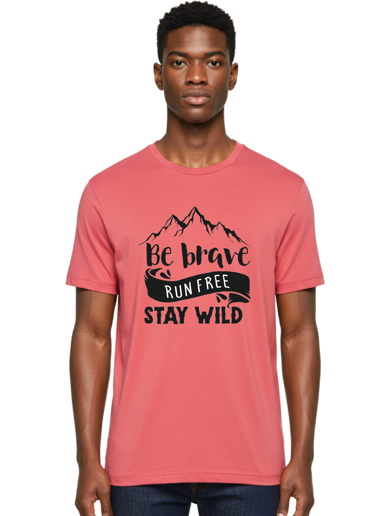 Be-Brave-Run-Free-Stay-Wild Men'S Graphic Tee, 100% Cotton, Comfortable Casual Summer Wear, Machine Washable, Inspirational Quote, Motivational Words, Bold Typography, Mountain Landscape, Running Free, Staying Wild, Brave Spirit, Freedom, Aac494