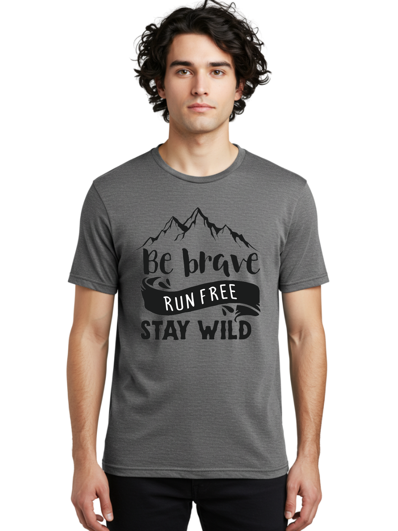 Be-Brave-Run-Free-Stay-Wild Men'S Graphic Tee, 100% Cotton, Comfortable Casual Summer Wear, Machine Washable, Inspirational Quote, Motivational Words, Bold Typography, Mountain Landscape, Running Free, Staying Wild, Brave Spirit, Freedom, Aac494