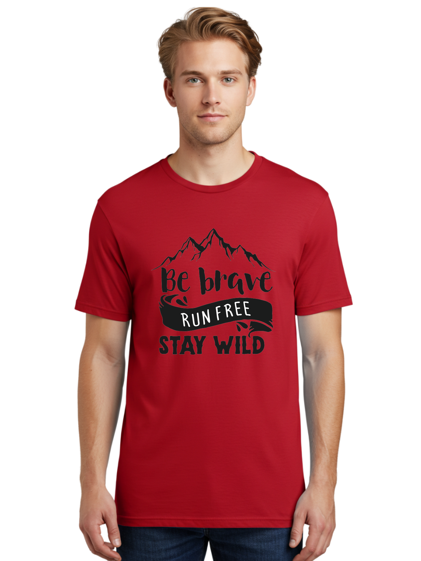 Be-Brave-Run-Free-Stay-Wild Men'S Graphic Tee, 100% Cotton, Comfortable Casual Summer Wear, Machine Washable, Inspirational Quote, Motivational Words, Bold Typography, Mountain Landscape, Running Free, Staying Wild, Brave Spirit, Freedom, Aac494